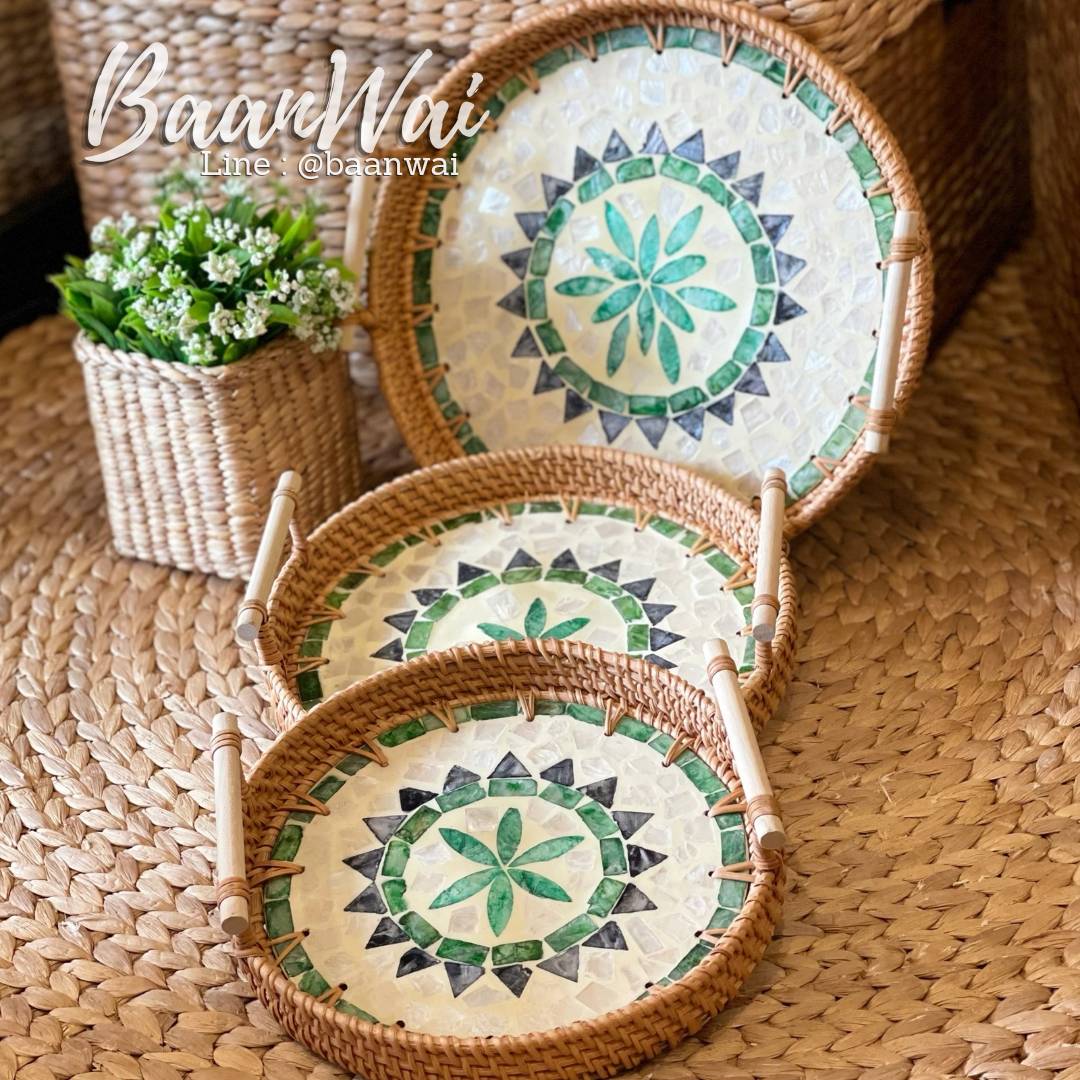 ถาดหวายสาน ทรงกลม (เปลือกหอยสีเขียว) มีหูจับ