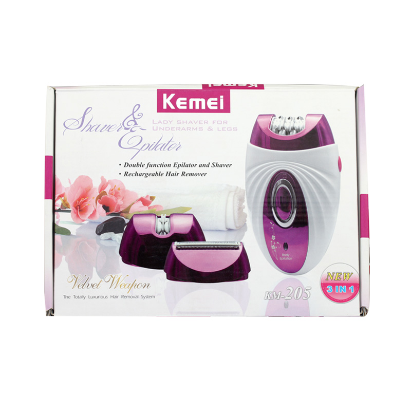 Kemei เครื่องกำจัดขนไฟฟ้า 3 in 1 ทั้งถอน&โกน รุ่น KM-205 สามารถชาร์ทไฟพร้อมแท่นชาร์ท พร้อมอุปกรณ์เสริม - สีชมพู