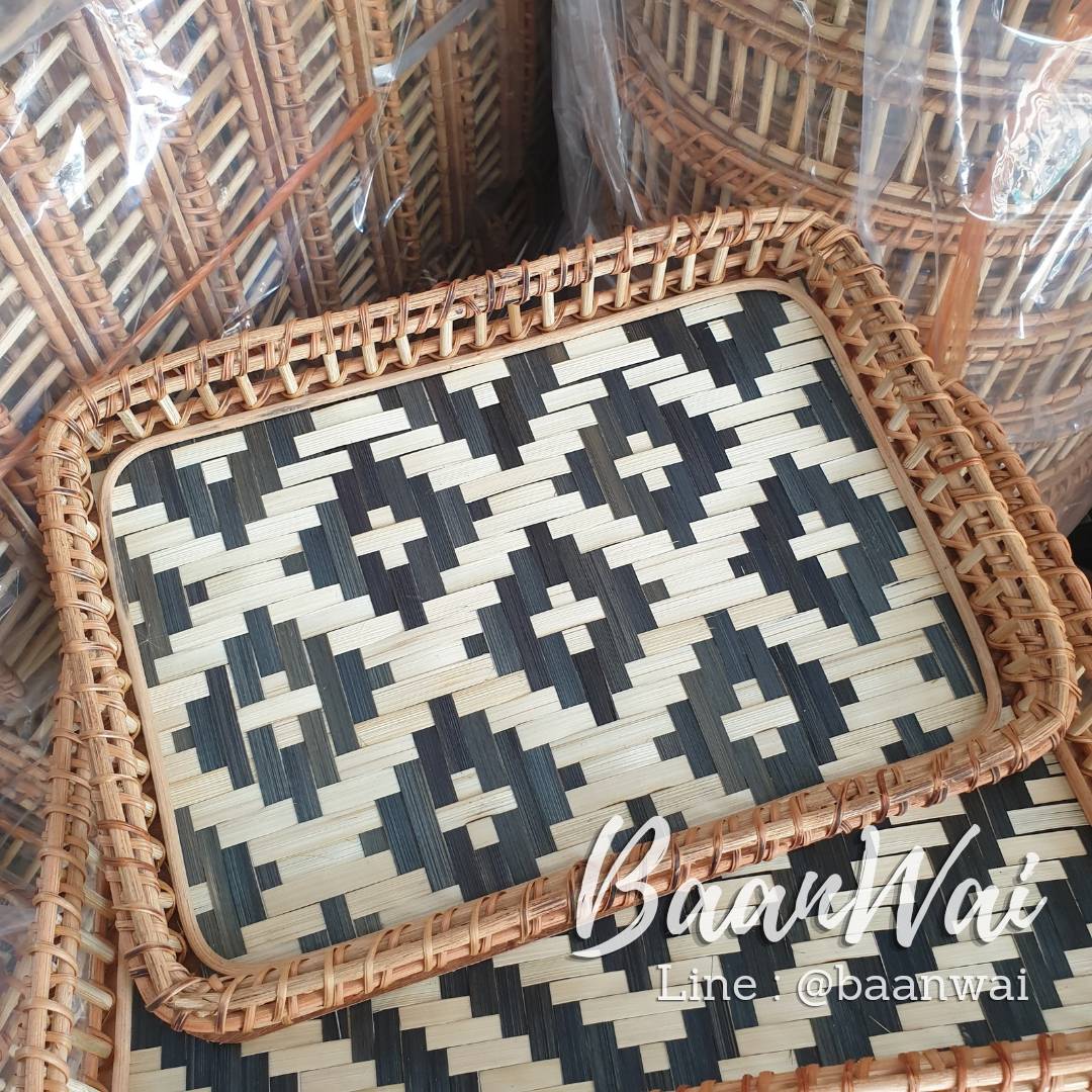 ถาดหวายสาน (พื้นขาว-ดำ) ถาดหวาย ถาดเสิร์ฟอาหาร ทรงสี่เหลี่ยมผืนผ้า