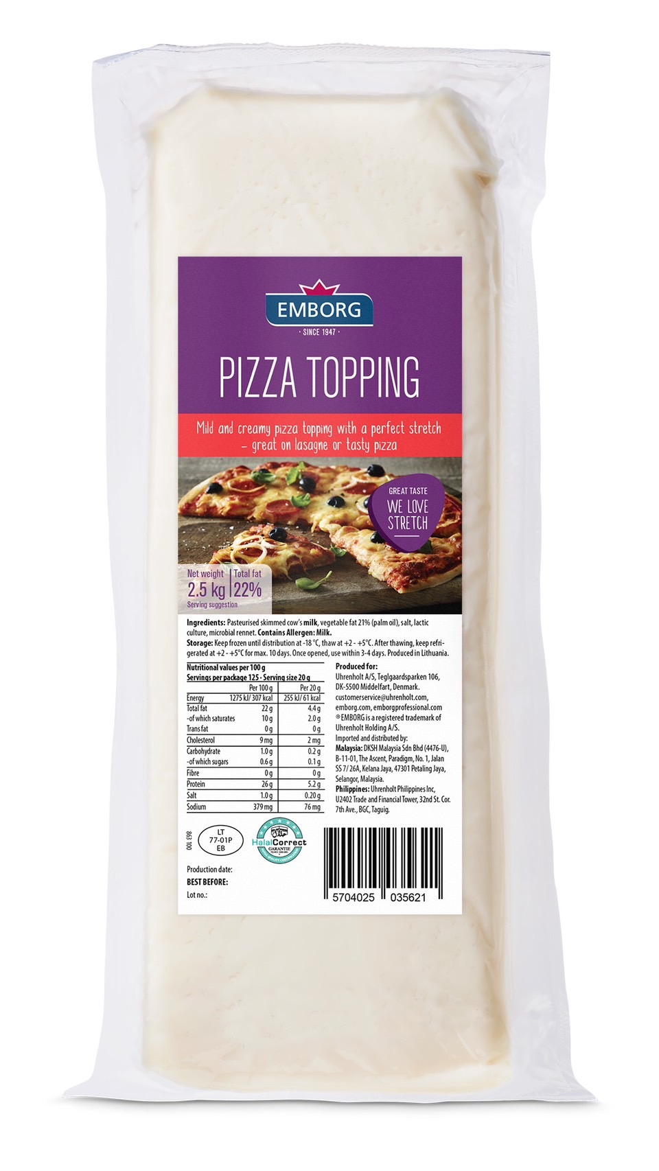 Emborg Pizza Cheese Topping 2.5 kg. Block (02-7788)(สินค้าแช่แข็ง)