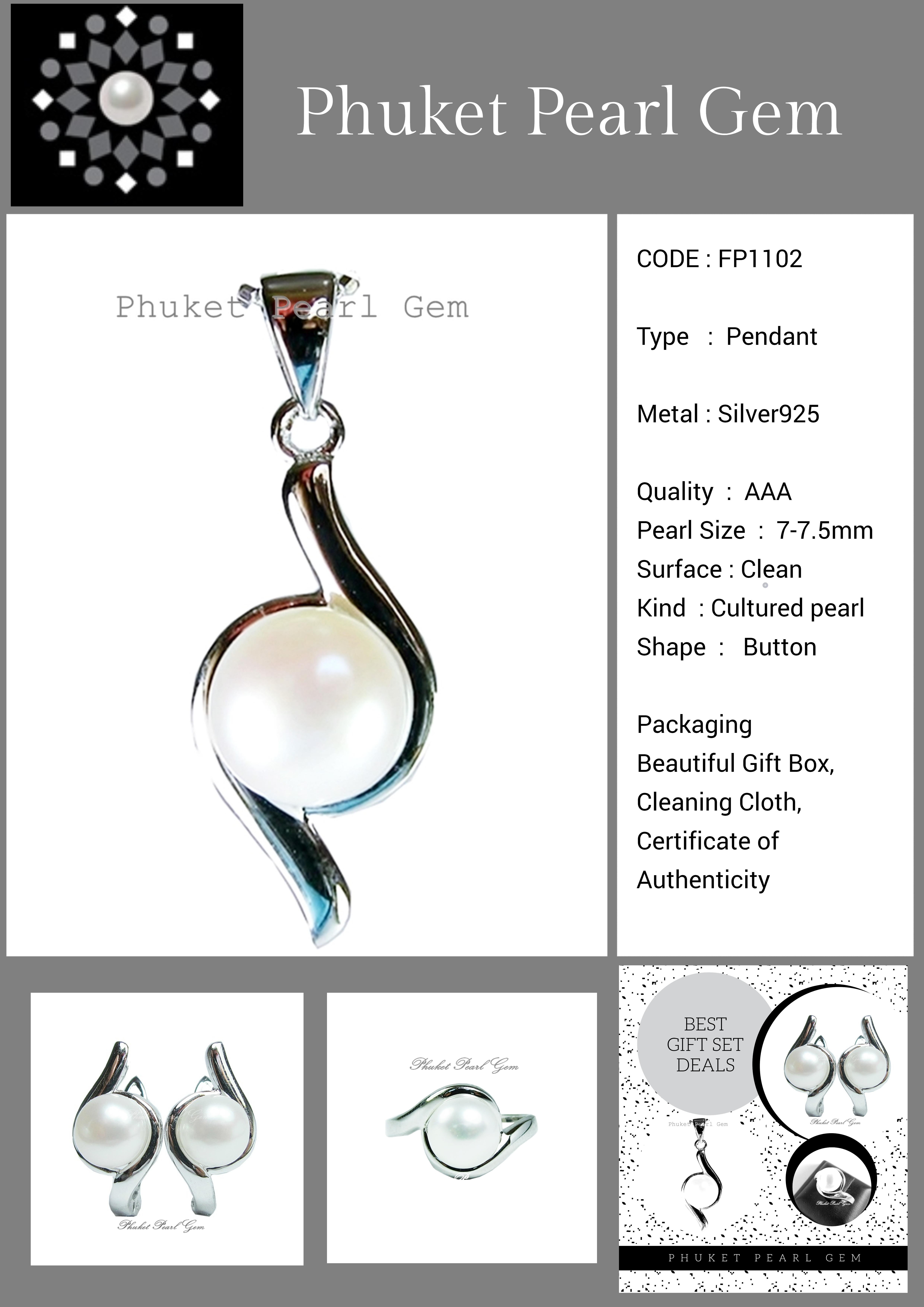 Sterling Silver White Pearl Plain Pendant
