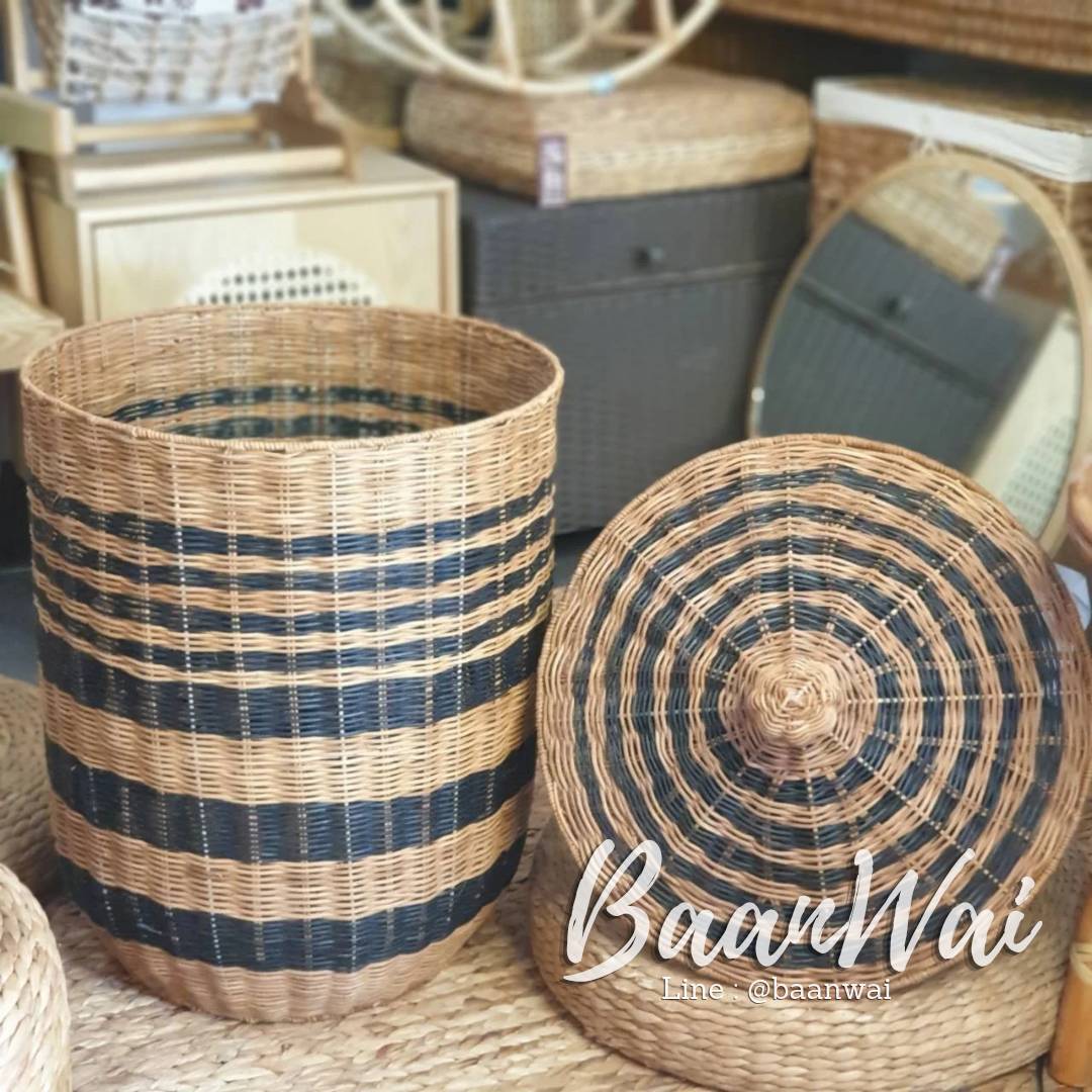 ตะกร้าหวายช็อคโก้ ตะกร้าอเนกประสงค์ ทูโทน มีฝาปิด