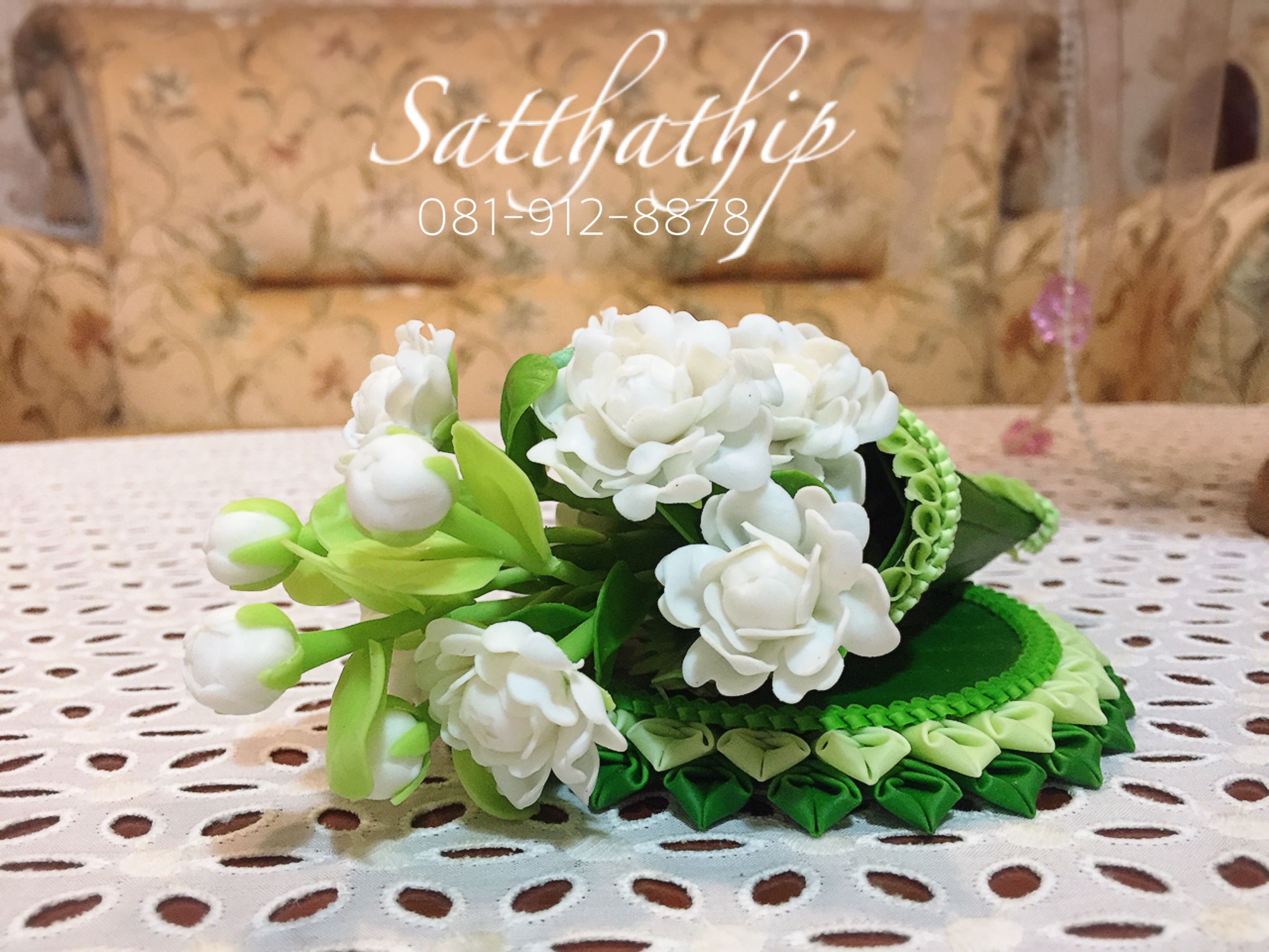 ชุดกรวยดอกมะลิ บนถาดใบตอง ประดิษฐ์จากดิน - ดอกมะลิดิน - ของขวัญวันแม่ - Jasmine flower
