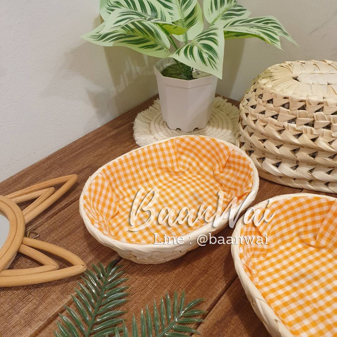 ตะกร้าใบลาน บุผ้า ทรงรี