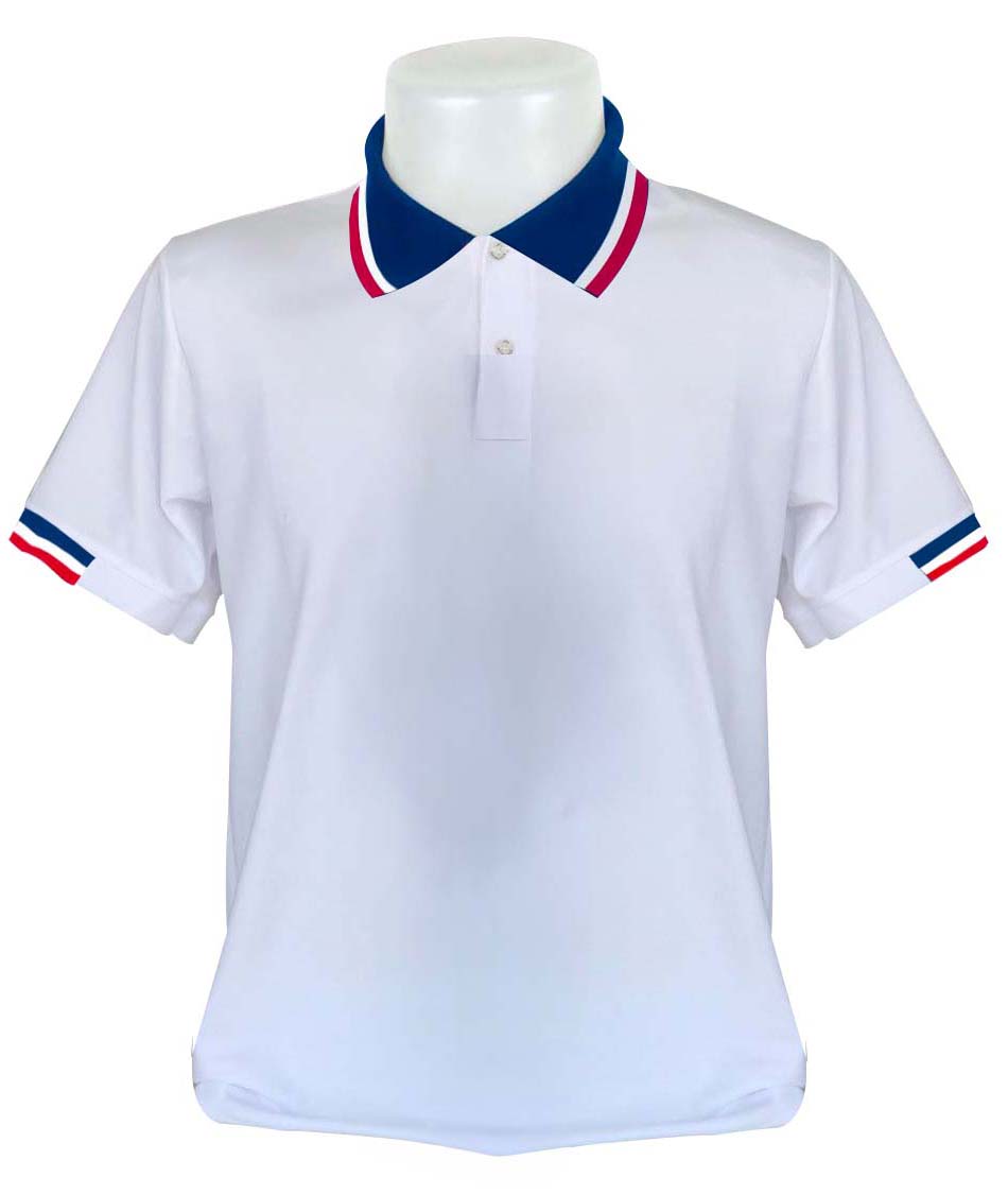 เสื้อโปโลสีขาว ปกสีน้ำเงินลายธงชาติ พรีออเดอร์