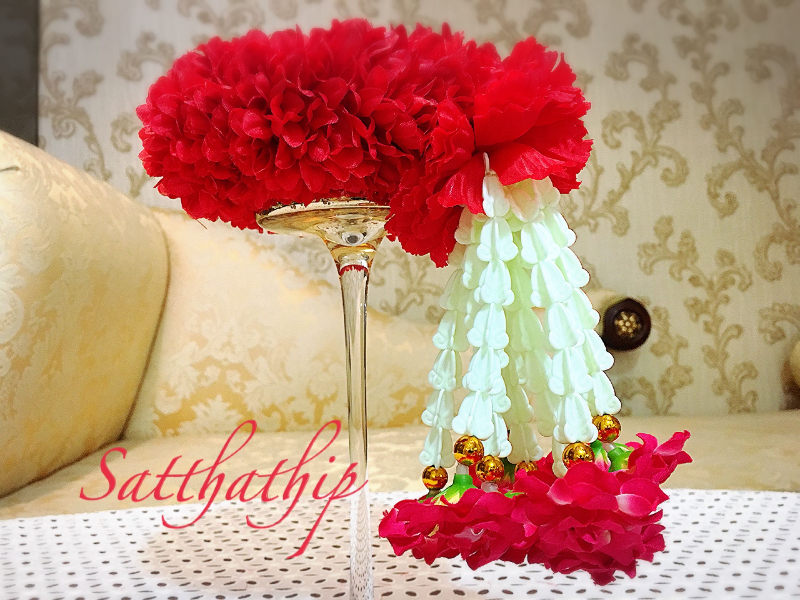 พวงมาลัยผ้า - พวงมาลัยดอกมัม ประดิษฐ์ - พวงมาลัยถวายศาลพระภูมิ - Fabric garland