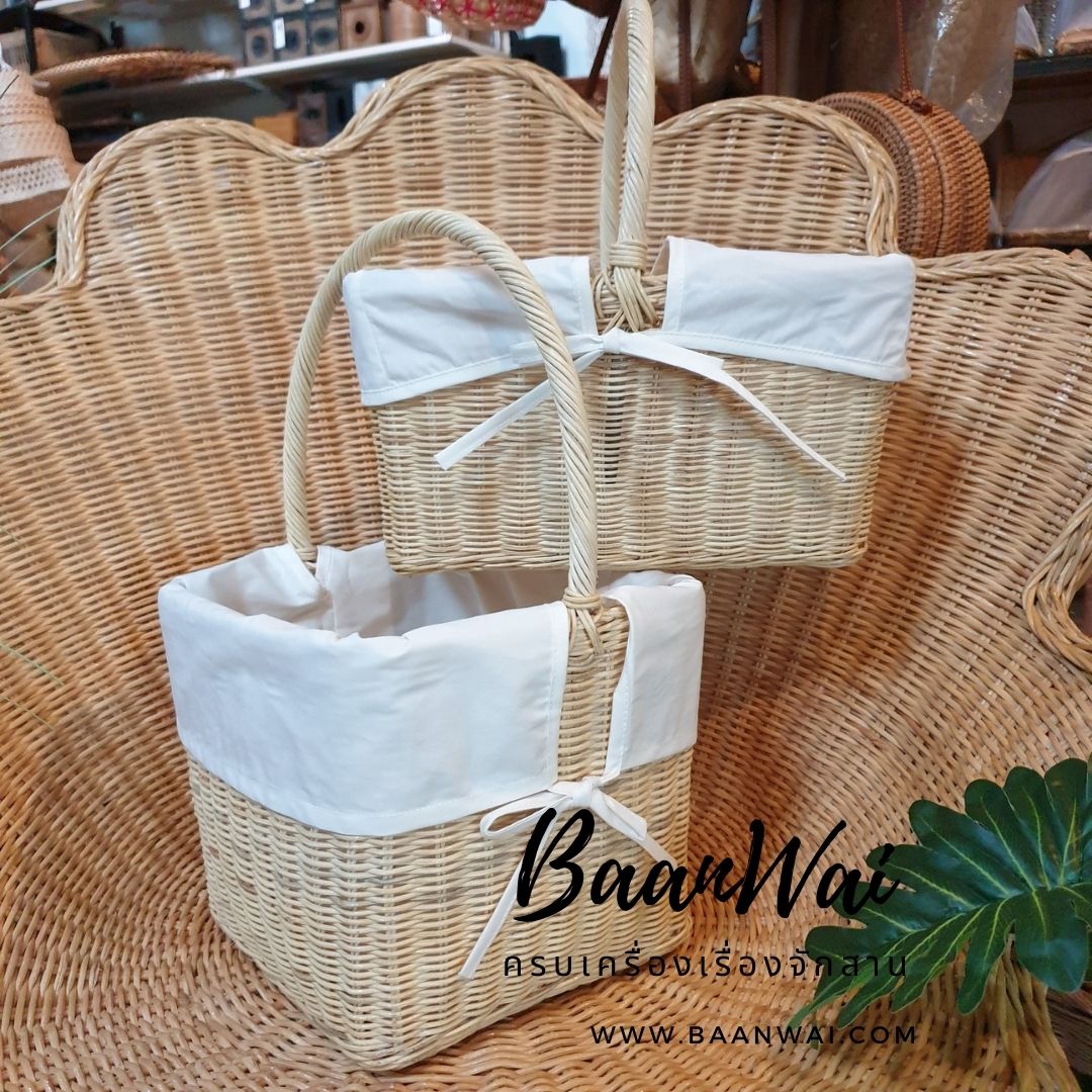 ตะกร้าหวายบุผ้า ตะกร้าเด็กอ่อน ตะกร้าอเนกประสงค์ ทรงเหลี่ยมสูง