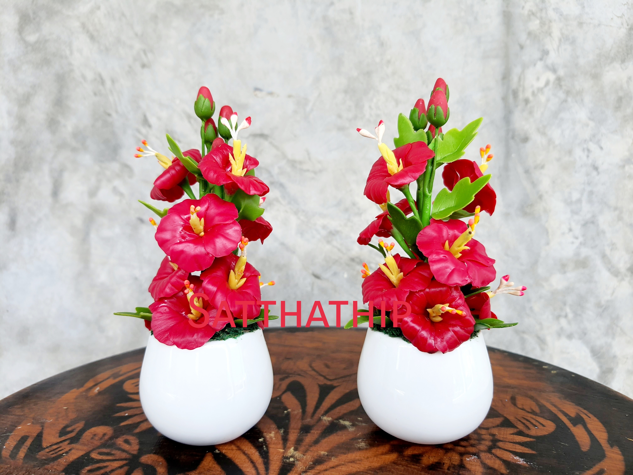 แจกันดอกชบา - ดอกชบาประดิษฐ์ - แจกันดอกชบา ประดิษฐ์จากดิน - แจกันดอกชบาประดิษฐ์