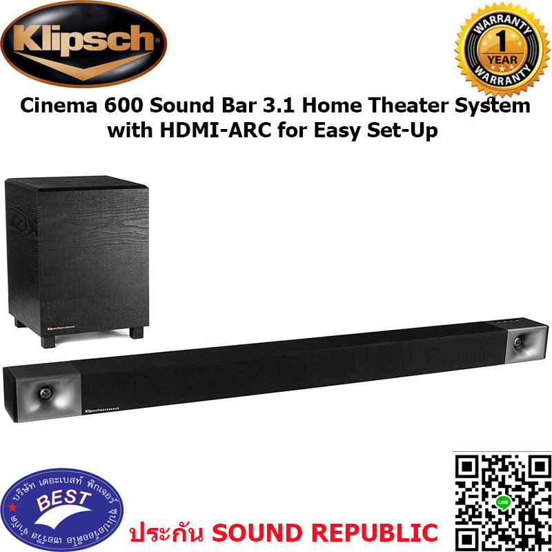 Klipsch Cinema 600 Sound Bar 3.1 Home Theater System with HDMI-ARC for Easy Set-Up