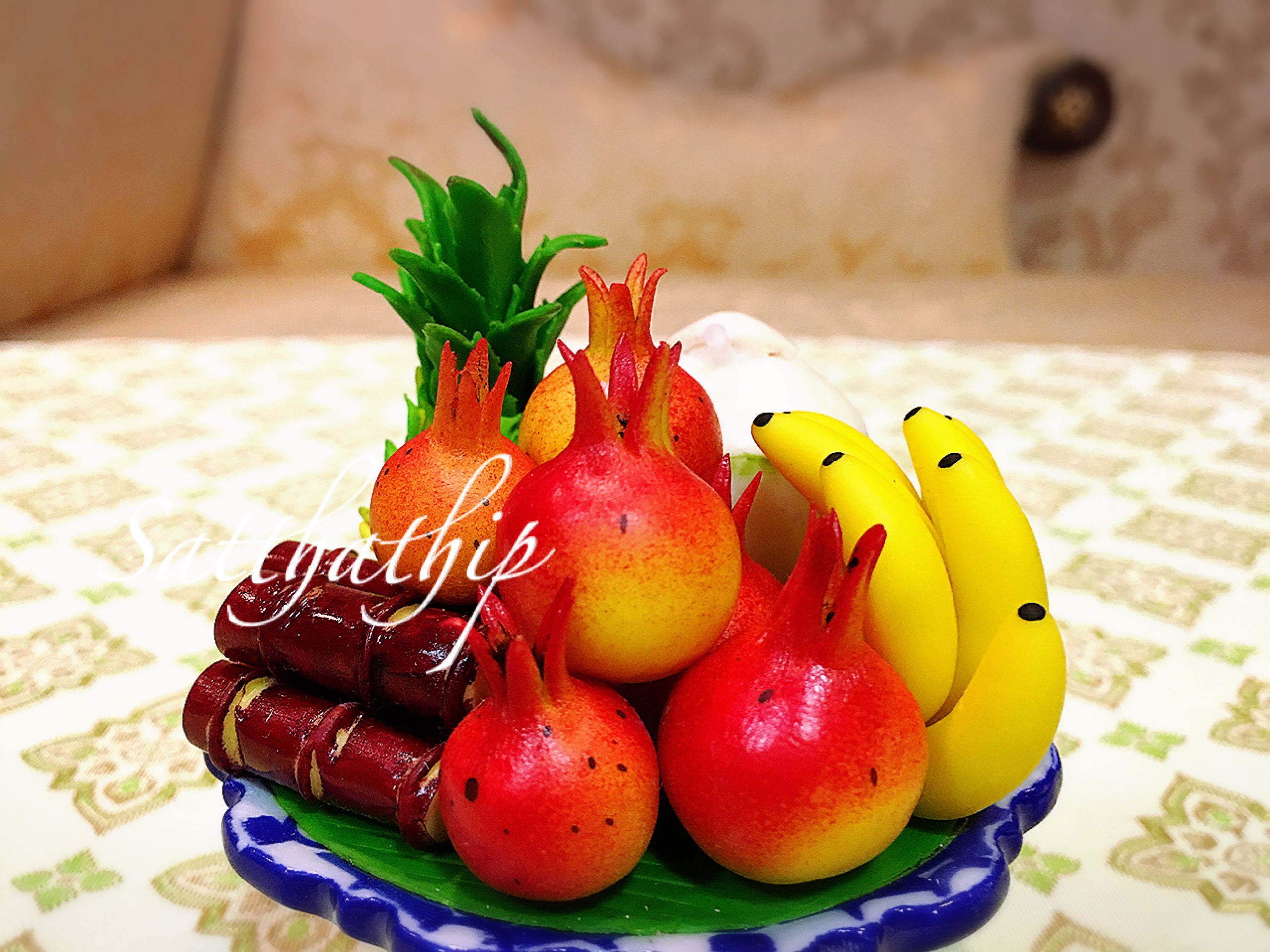 พานผลไม้ (5 อย่าง) ประดิษฐ์จากดิน - ผลไม้จิ๋ว - ผลไม้มงคล