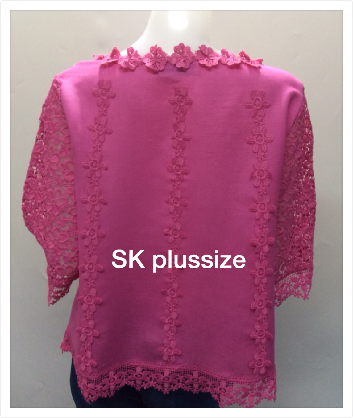 เสื้อลินินแต่งลูกไม้ ทรงเอ สีบานเย็น รอบอก 46 นิ้ว
