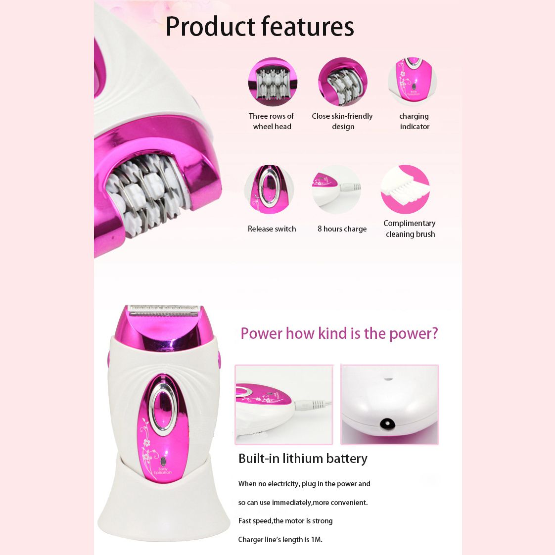 Kemei เครื่องกำจัดขนไฟฟ้า 3 in 1 ทั้งถอน&โกน รุ่น KM-205 สามารถชาร์ทไฟพร้อมแท่นชาร์ท พร้อมอุปกรณ์เสริม - สีชมพู