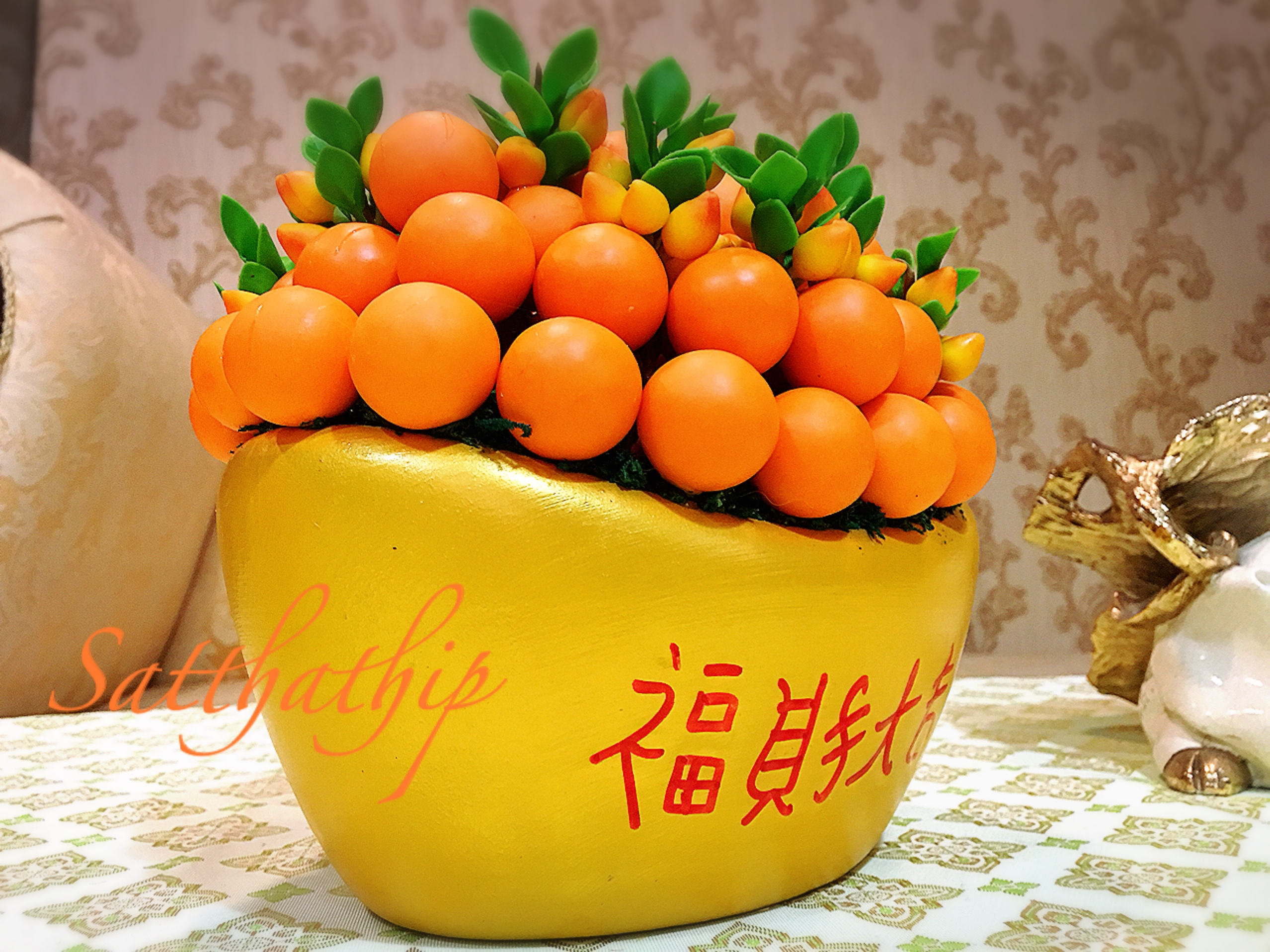 ส้ม ประดิษฐ์จากดิน กระถางก้อนทอง - ผลไม้มงคล ประดิษฐ์จากดิน กระถางก้อนทอง