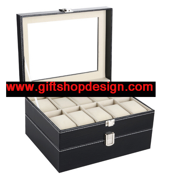 กล่องใส่นาฬิกา PU ใส่นาฬิกาได้ 20 เรือน ฝากระจก
