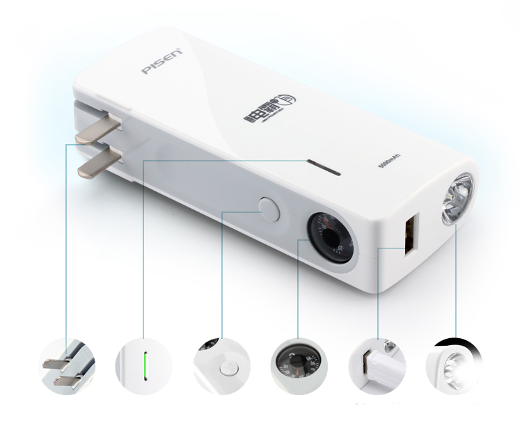 PISEN แบตสำรองแท้ 5,000 mAh พาวเวอร์แบงค์ High Power Box รุ่น TS-D065 ปลั๊กไฟในตัว ไฟ LED ส่องสว่าง USB 5V-2A ติดเครื่องวัดอุณหภูมิ เก็บประจุเต็มที่ได้ยาวนาน สำหรับพกพานอกสถานที่ ฟรี!! สาย Micro USB - สีขาว