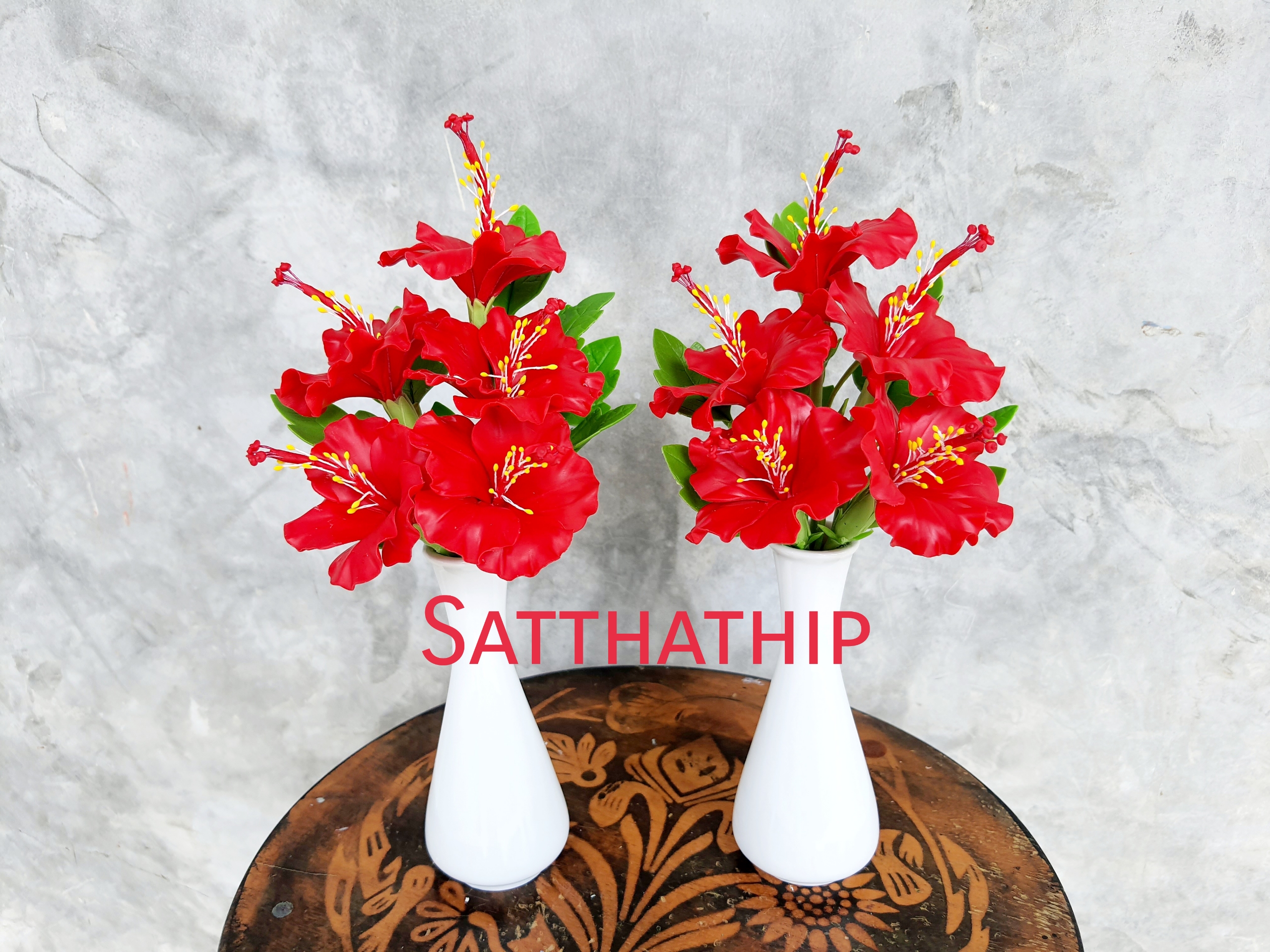 แจกันดอกชบา - ดอกชบาประดิษฐ์ - แจกันดอกชบา ประดิษฐ์จากดิน - แจกันดอกชบาประดิษฐ์