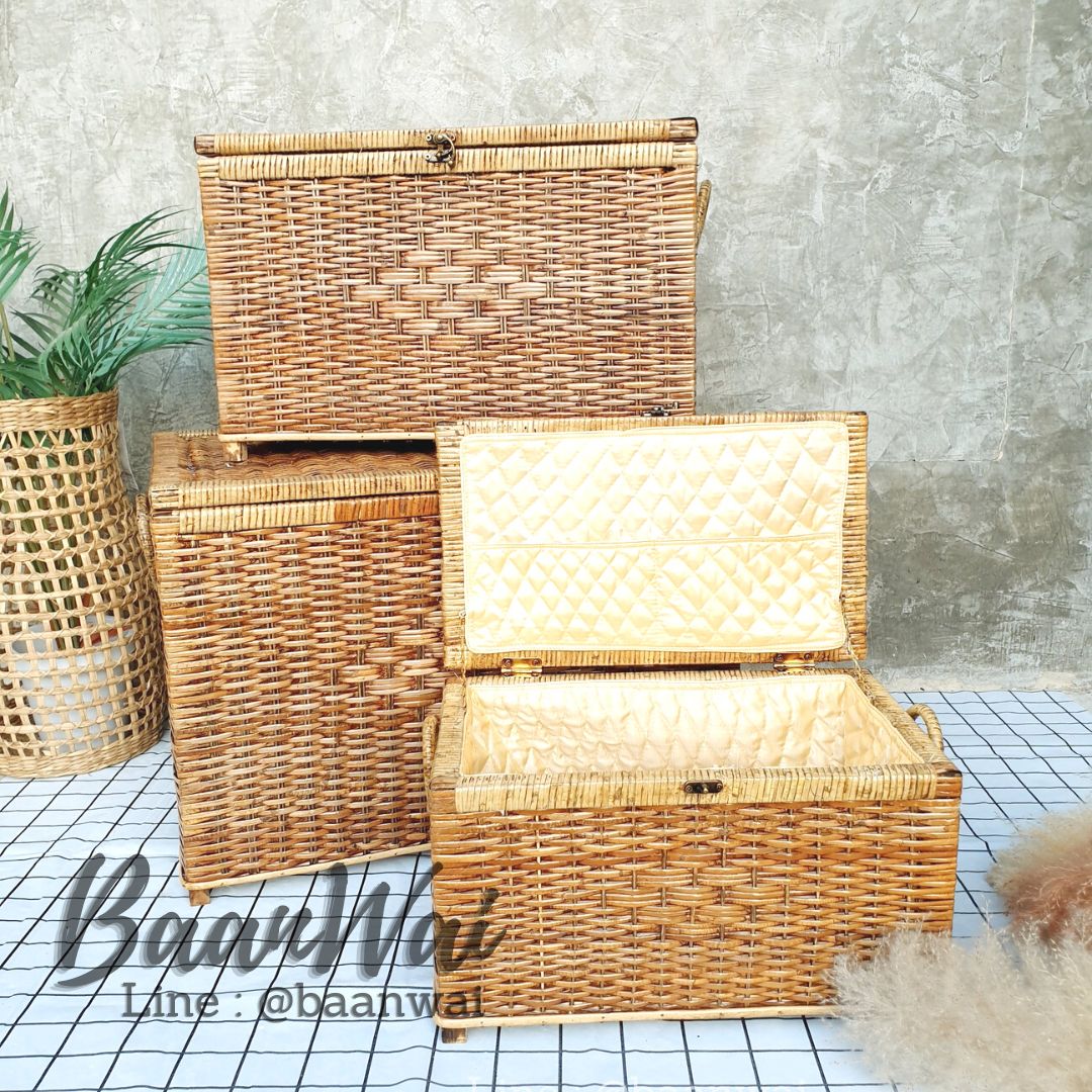 หีบหวาย หีบใส่ของ บุผ้าด้านใน ทรงเตี้ย