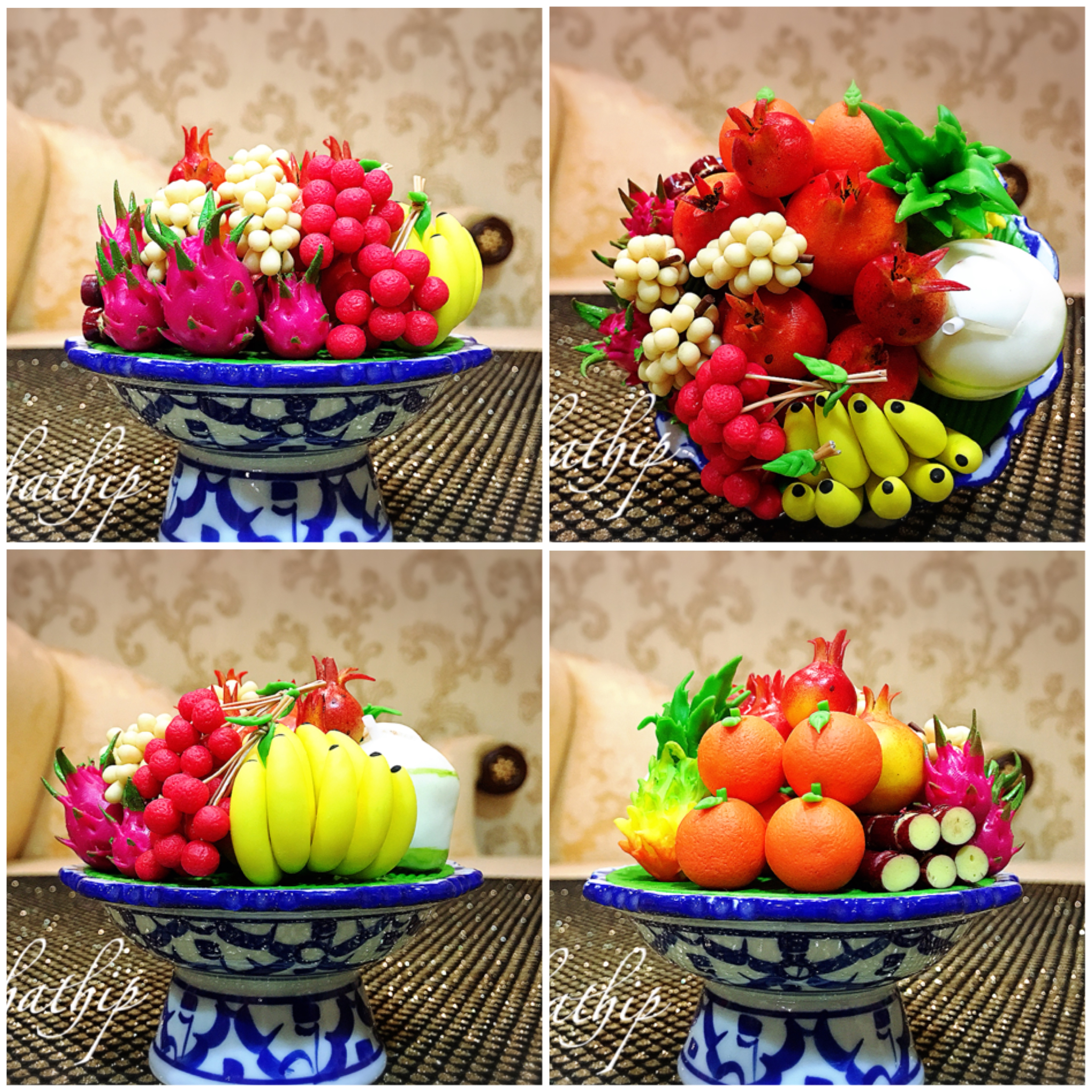 พานผลไม้ (9 อย่าง) ประดิษฐ์จากดิน - ผลไม้จิ๋ว - ผลไม้มงคล