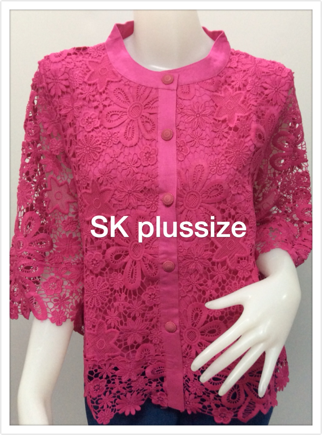 เสื้อลูกไม้ทรงเอ คอจีน แขน 3 ส่วน สีบานเย็น รอบอก 44 นิ้ว