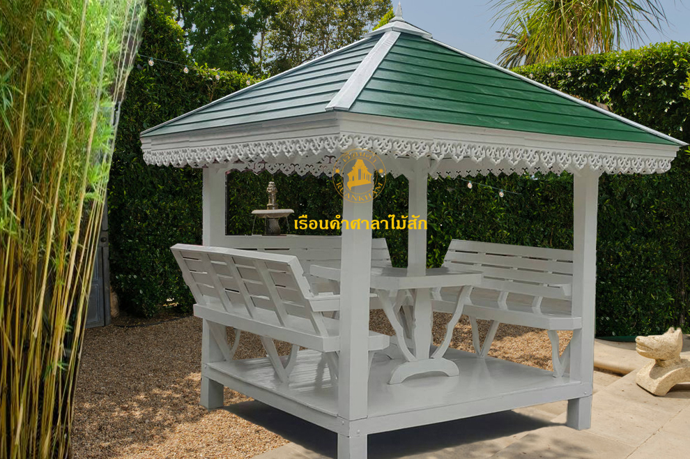 ( รหัส B5 ) ศาลา ไม้สัก สีขาว คาเขียว หลังนิว / ขนาด 2x2x3 เมตร