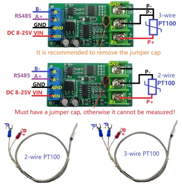 PT100 Thermocouple RS485 -20 - 400 องศาเซลเซียส DC 8-25V PT100 Platinum Thermal Resistance to Temperature Converter RS485 Modbus RTU RTD Sensor Module Kit PTA9B01