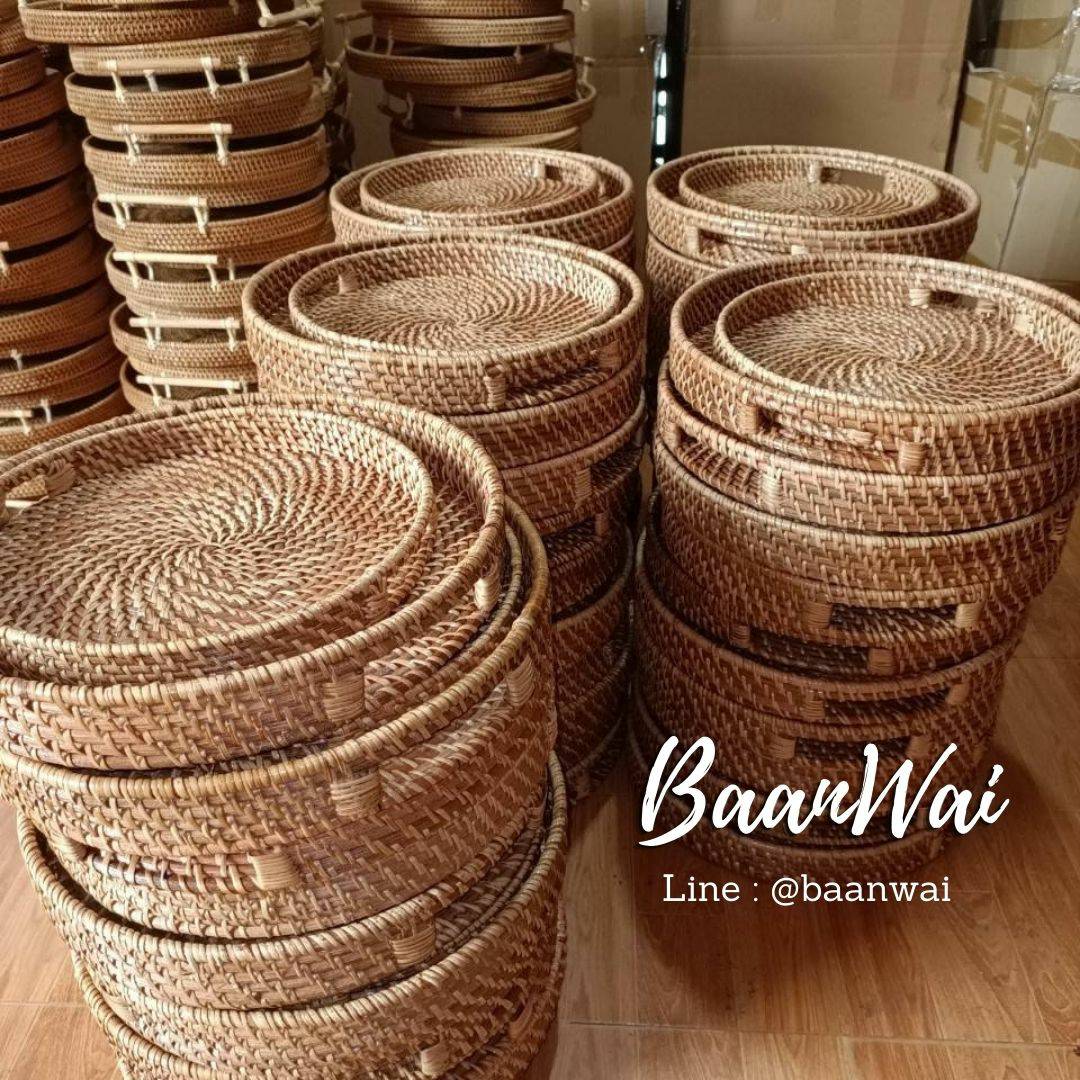 ถาดหวายเวียน ทรงกลม หูเจาะ