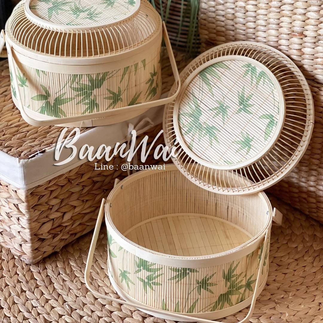 กล่องปิ่นโต รุ่นเสื่อไม้ไผ่ (ฝากรงนก) ลายไผ่มงคล