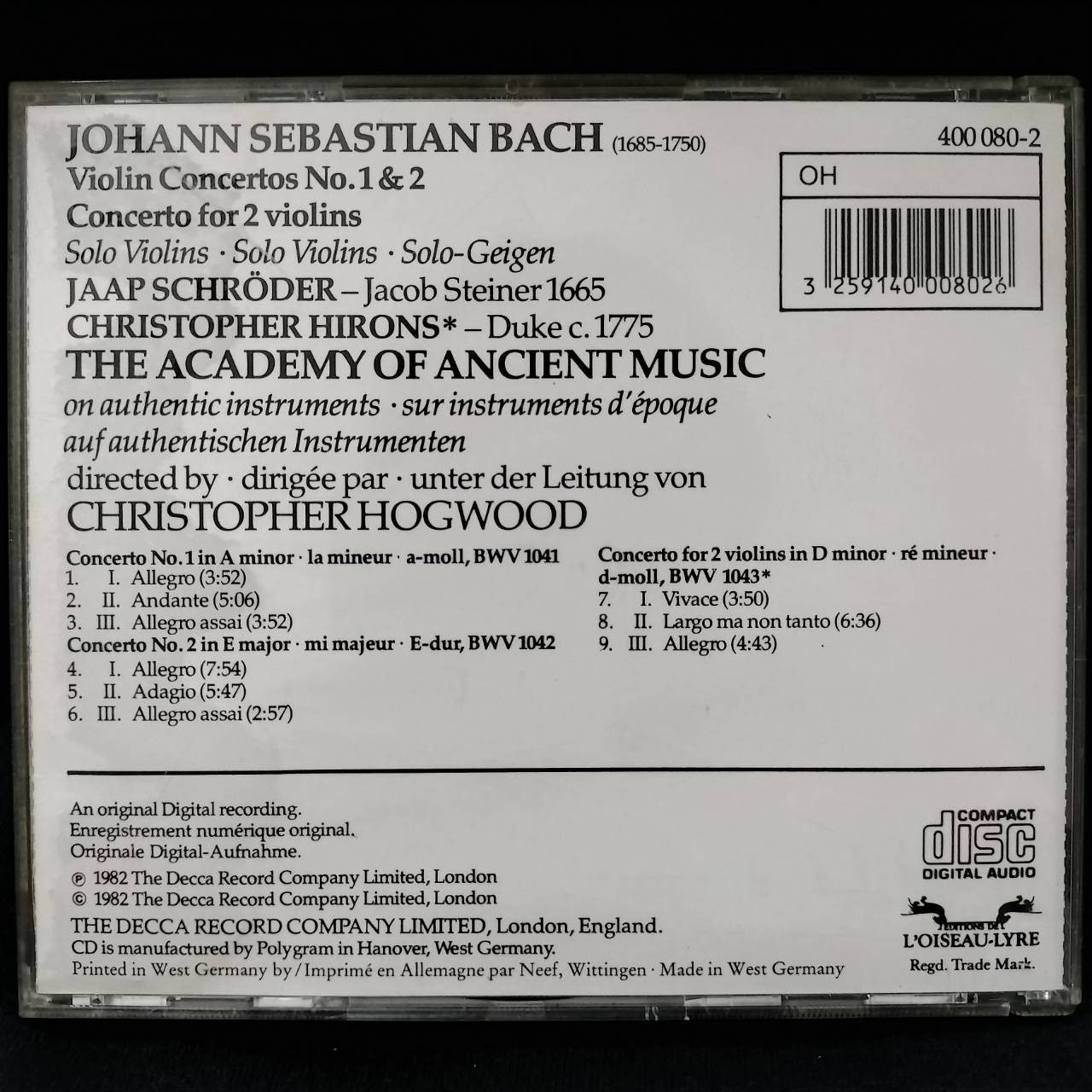 The Academy of Ancient Music – J.S. Bach: Violin Concertos 1&2/Concerto for 2 Violins / GERMANY / ปกมีจุดเหลือง / มีรอยบ้าง