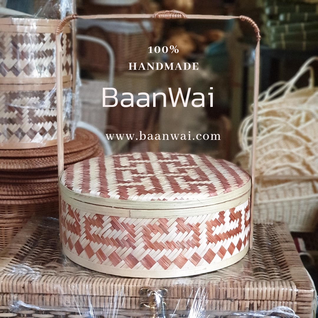 ปิ่นโตไม้ไผ่ ลายจีน ขนาด 12 นิ้ว (สีน้ำตาล)