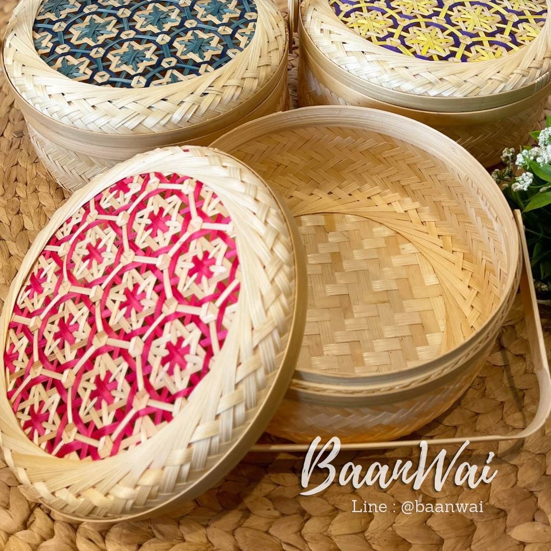 กล่องไม้ไผ่สาน ทรงกลม หูพับ