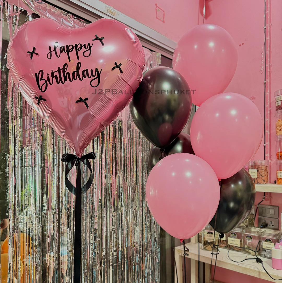 ลูกโป่งวันเกิดHappy birthday pink and black & medium heart Balloons set (7pcs.)