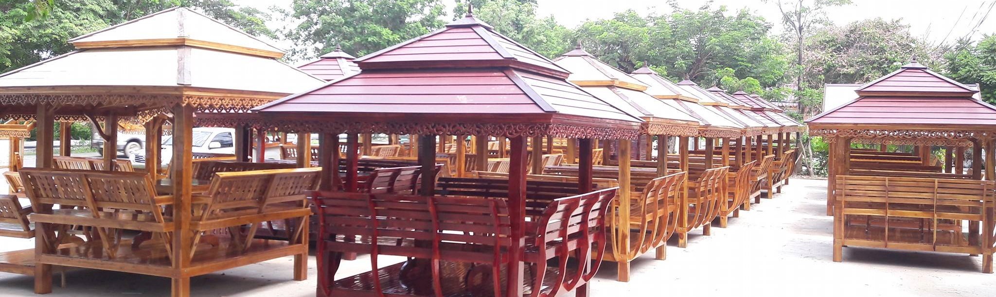 ( รหัส E1-เงา ) ศาลาไม้สัก เสาเหลี่ยมเอียง สีเงา คาตาล / นาด 2.30x2.30x3.00 เมตร