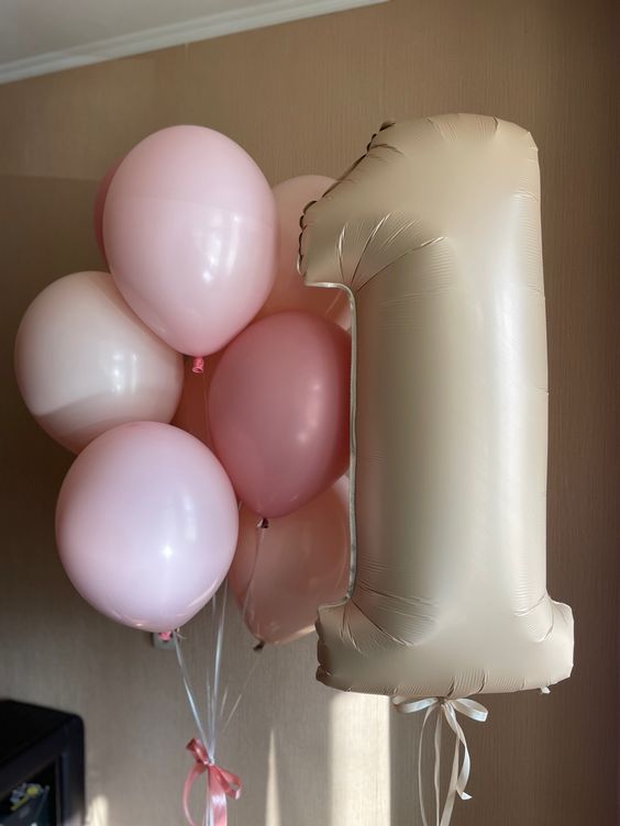 ลูกโป่งวันเกิด Happy 1st birthday dusty pink and cream foil number balloons set (8pcs.)