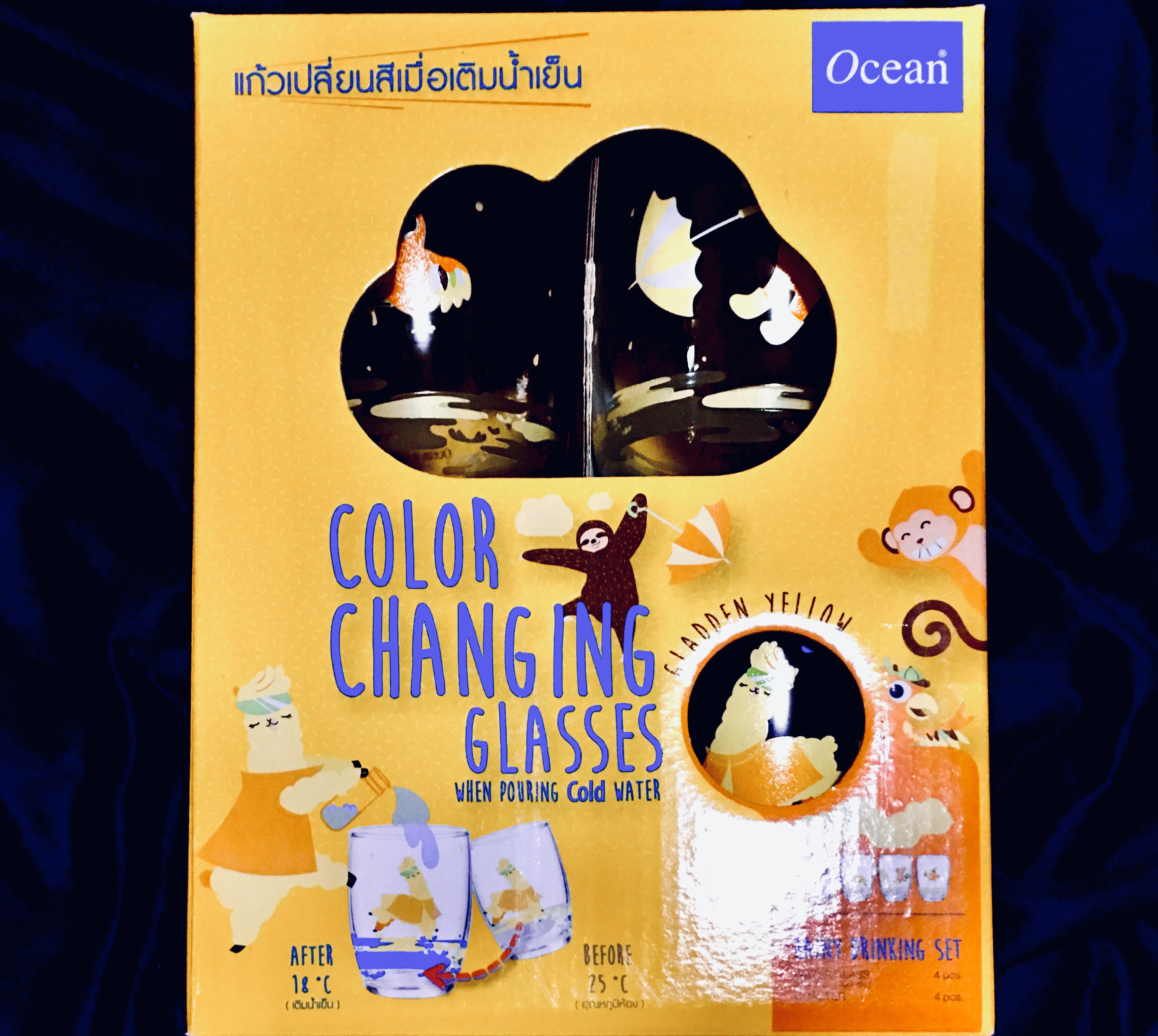 แก้วเปลี่ยนสีเมื่อเติมน้ำเย็น OCCAN COLOR CHANGING GLASSES ENJOY LIFE MORE+ When pouring cold water มี 4 แก้วในชุด 4 แบบ(ตามรูป) ขนาด ฐานxสูง (ซม.) 6x10 พร้อมฐานวางพลาสติก 4 อัน