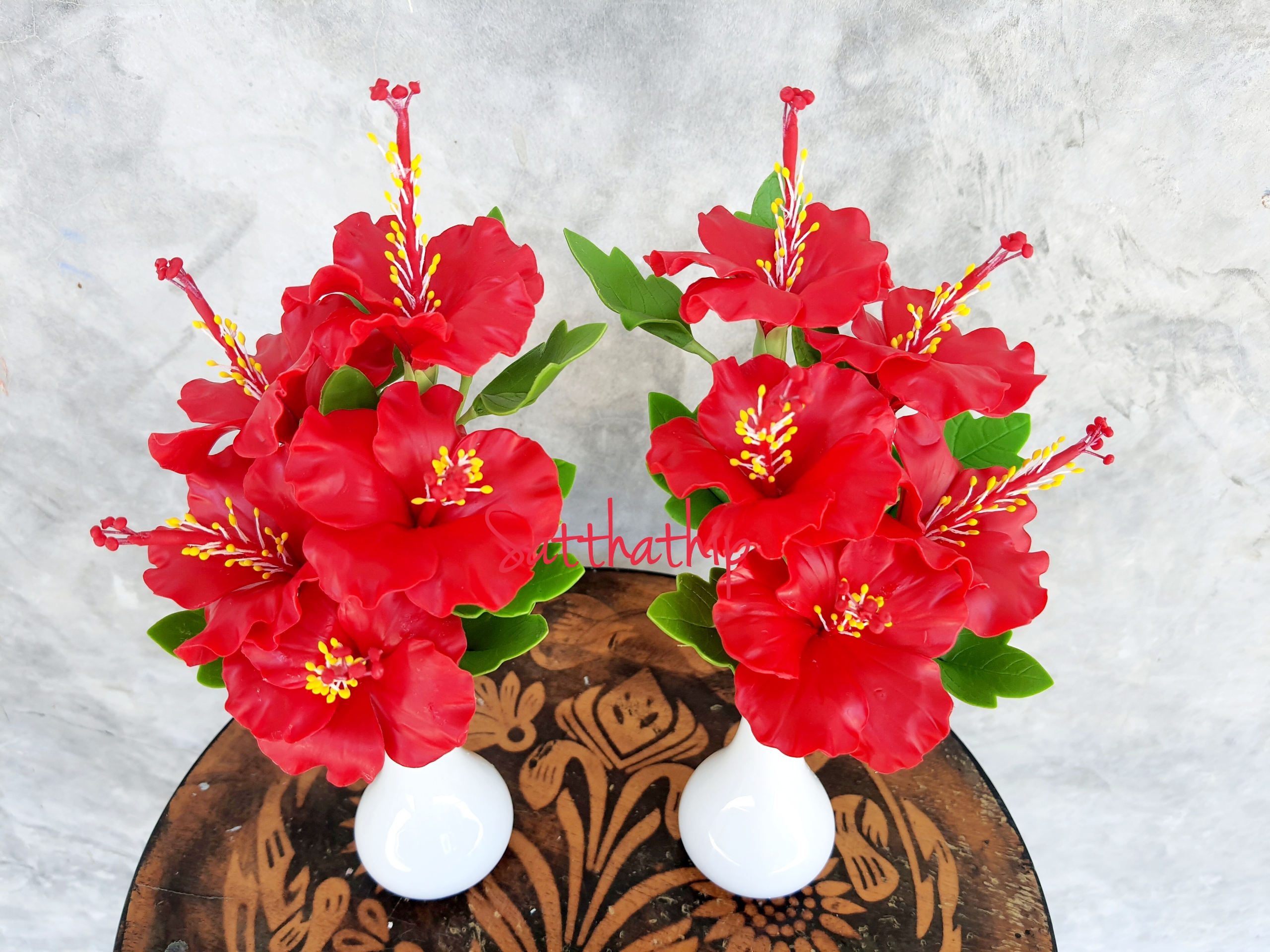 แจกันดอกชบา - ดอกชบาประดิษฐ์ - แจกันดอกชบา ประดิษฐ์จากดิน - แจกันดอกชบาประดิษฐ์