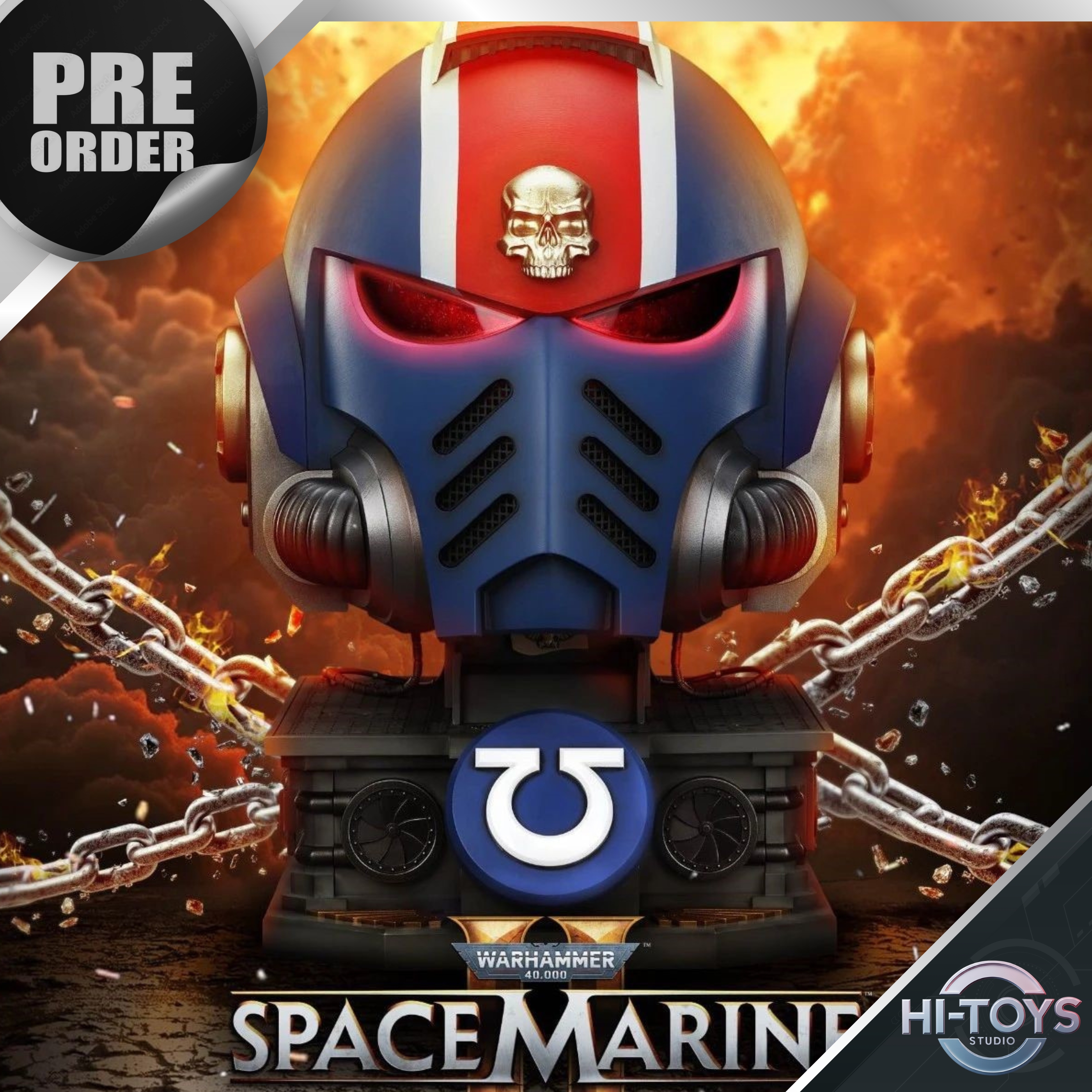 [ETA Q4-2025] PRE-ORDER - JOYTOY - JT01697 1/1 Warhammer 40 Ultramarines Lieutenant Titus' MKX Helmet & Display Stand