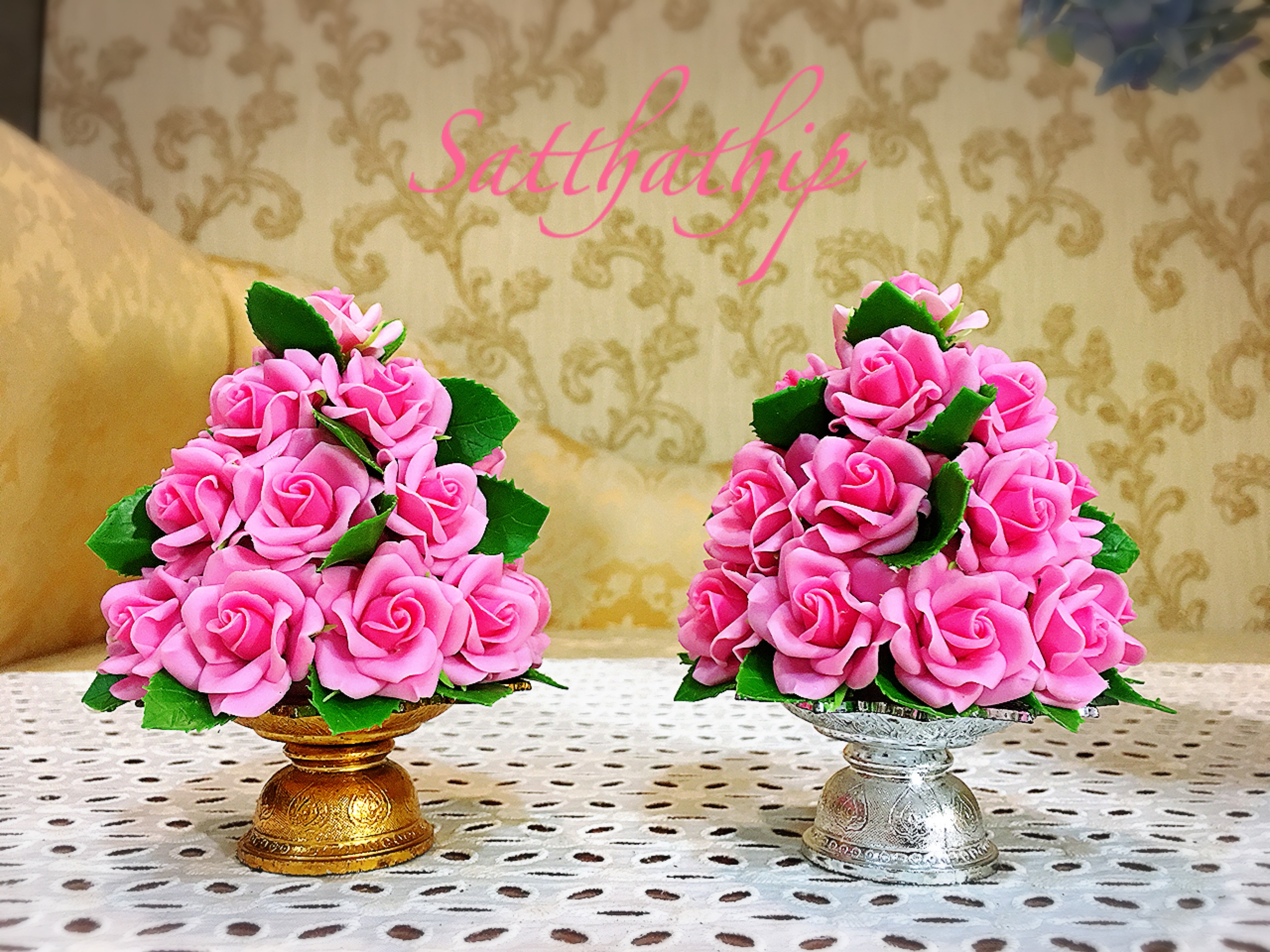 พานพุ่มดอกกุหลาบ - พานพุ่มดอกกุหลาบสีชมพู ประดิษฐ์จากดิน - Rose Flower - Phan bush