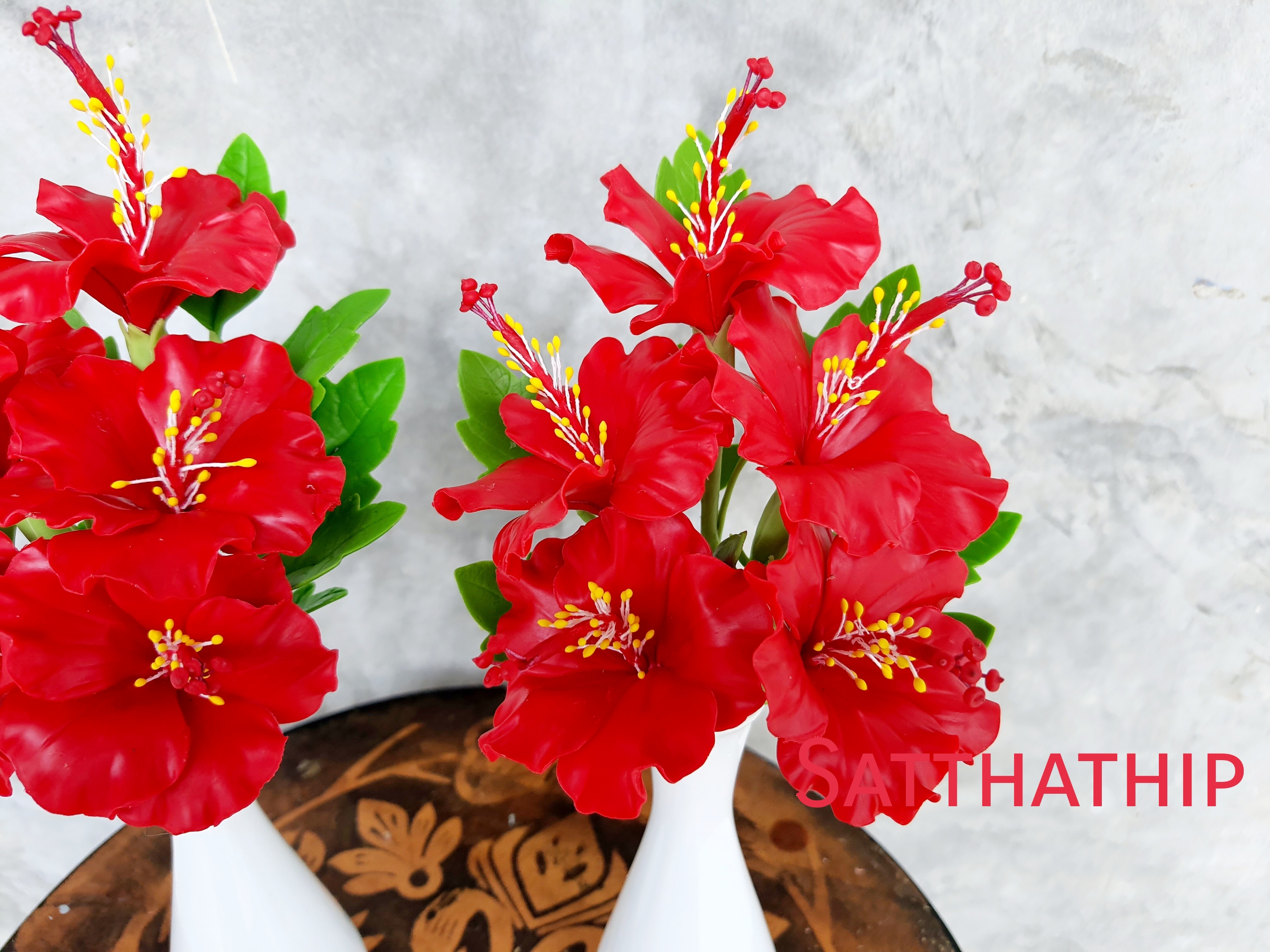 แจกันดอกชบา - ดอกชบาประดิษฐ์ - แจกันดอกชบา ประดิษฐ์จากดิน - แจกันดอกชบาประดิษฐ์