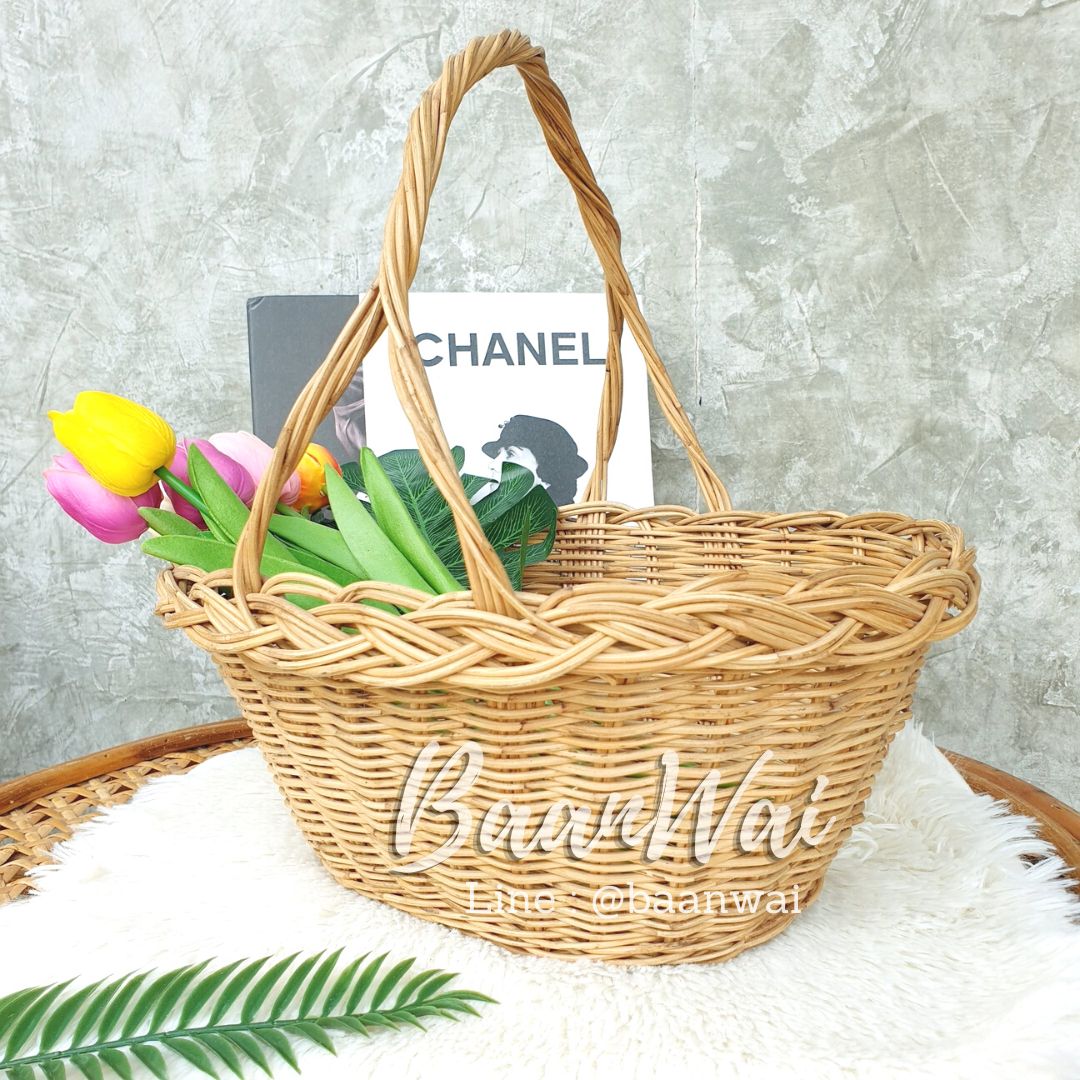 ตะกร้าหวายหูโค้ง ทรงรี ตะกร้าหวายทรงรี