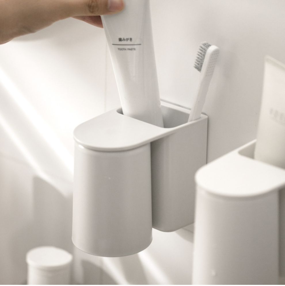 แก้วแปรงฟัน ที่เก็บยาสีฟัน ที่เก็บแก้วแปรงฟัน เซทแก้วแปรงฟัน พร้อมที่เก็บแปรงสีฟันติดผนัง ไม่เจาะ