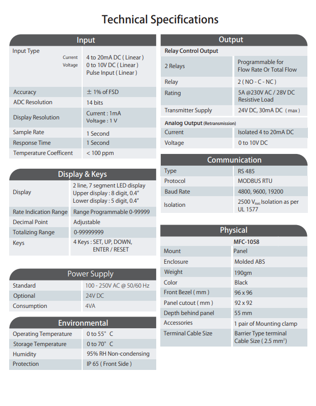 MFC-1058-A2-04 Flow Rate Cum Totalizer with RS-485 MODBUS Multispan
