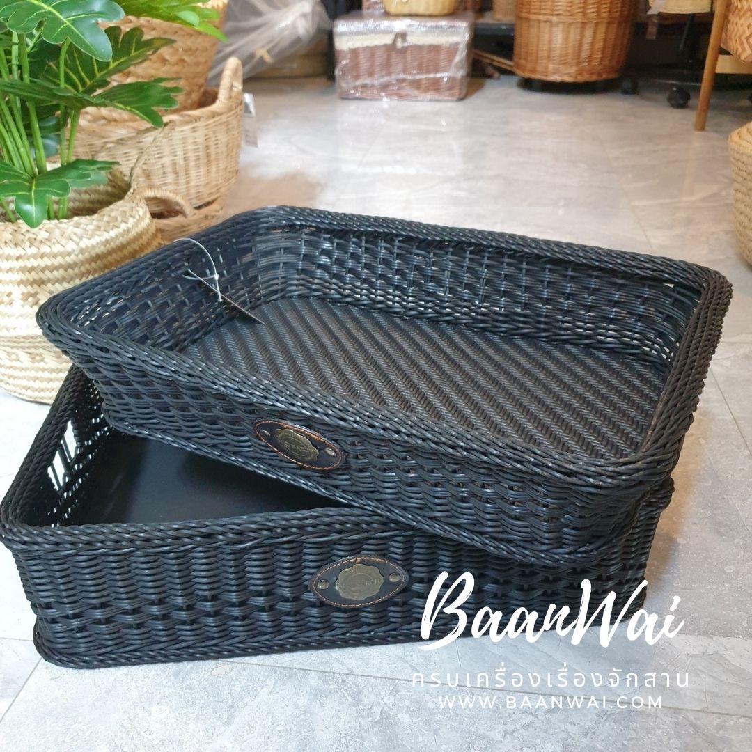 ถาดหวายเทียม ตะกร้าหวายเทียม สีดำ ขนาด 34*48*10 cm
