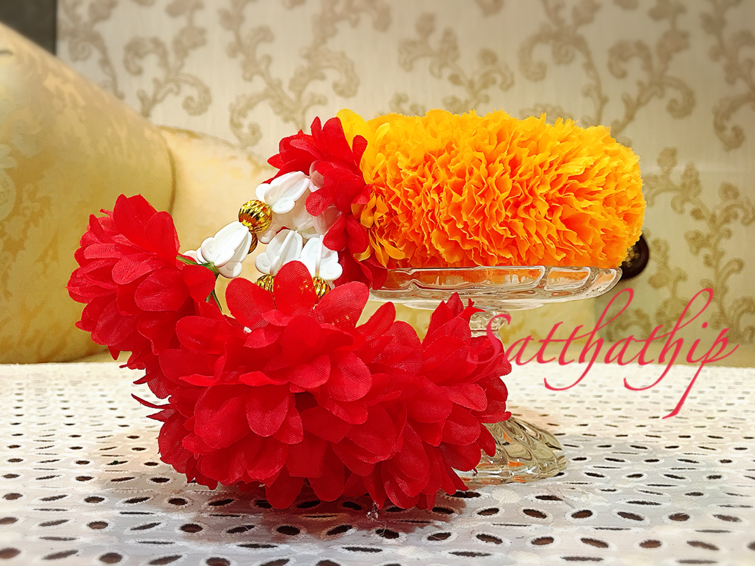 พวงมาลัยผ้า - พวงมาลัยดอกดาวเรือง ประดิษฐ์ - พวงมาลัยถวายศาลพระภูมิ - Fabric Garland