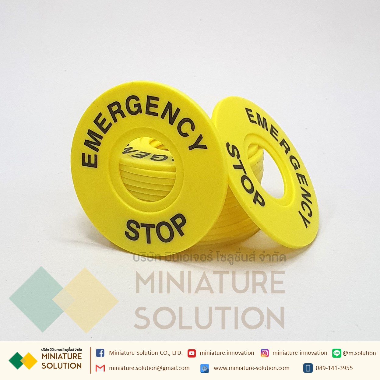 name plate ป้ายชื่อ สวิทช์ฉุกเฉิน Emergency Stop ขนาด 22มิล แผ่นเนมแพลท วงกลม Ø60mm รูปุ่มขนาด Ø22mm