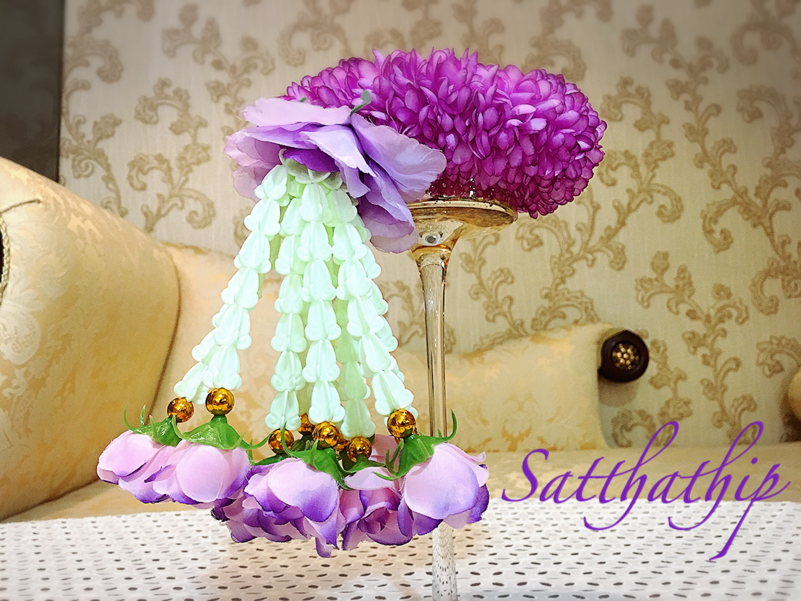 พวงมาลัยผ้า - พวงมาลัยดอกมัม ประดิษฐ์ - พวงมาลัยถวายศาลพระภูมิ - Fabric garland