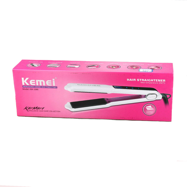 Kemei Heat Pro ION เครื่องหนีบผม ความร้อนสูง ทัวร์มาลีนเซรามิกแผ่นกว้าง KM-1088 ร้อนเร็ว ปรับอุณหภูมิดิจิตอล 150-230 องศา จอ LCD ปุ่มสัมผัส - สีขาว