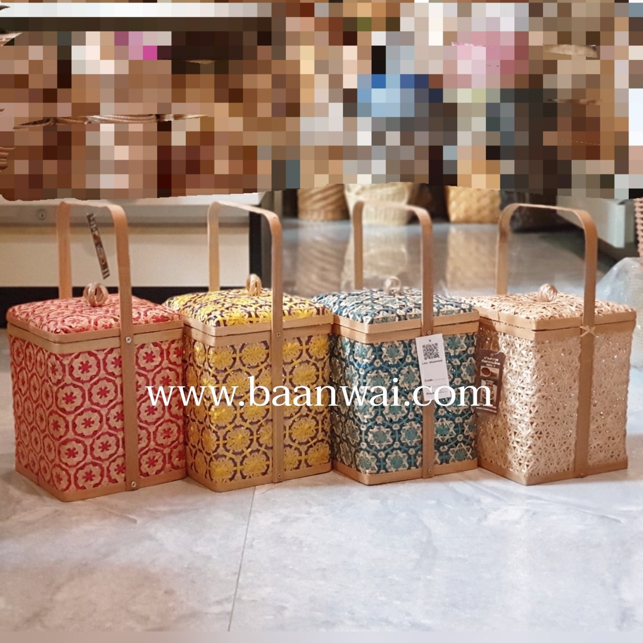 ปิ่นโตไม้ไผ่ ลายพิกุล ทรงเหลี่ยม ขนาด 7*8 นิ้ว