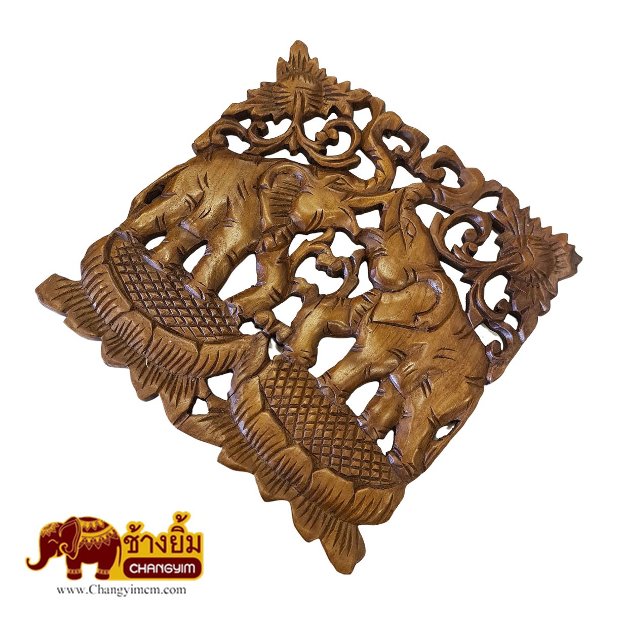 แผ่นไม้แกะสลักช้างคู่ สี่เหลี่ยม ( 12" )