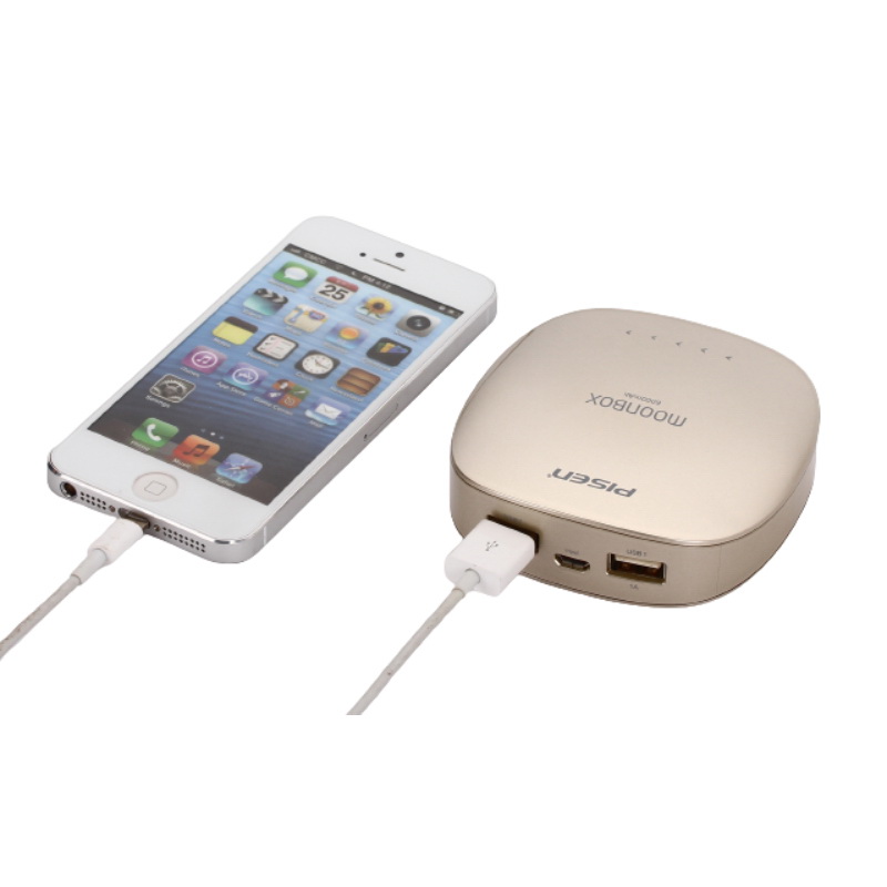 PISEN แบตสำรองแท้ 6,000 mAh พาวเวอร์แบงค์ 2 USB 5V-2A Moon Box Power รุ่น TS-D095 ปุ่มสัมผัสแบบสไลด์ ไฟฉาย LED ส่องสว่างยามค่ำคืนในตัว เก็บประจุเต็มที่ได้ยาวนาน รูปทรงโค้งมน ขนาดกระทัดรัดจับถนัดกระชับมือ - สีทองคำ