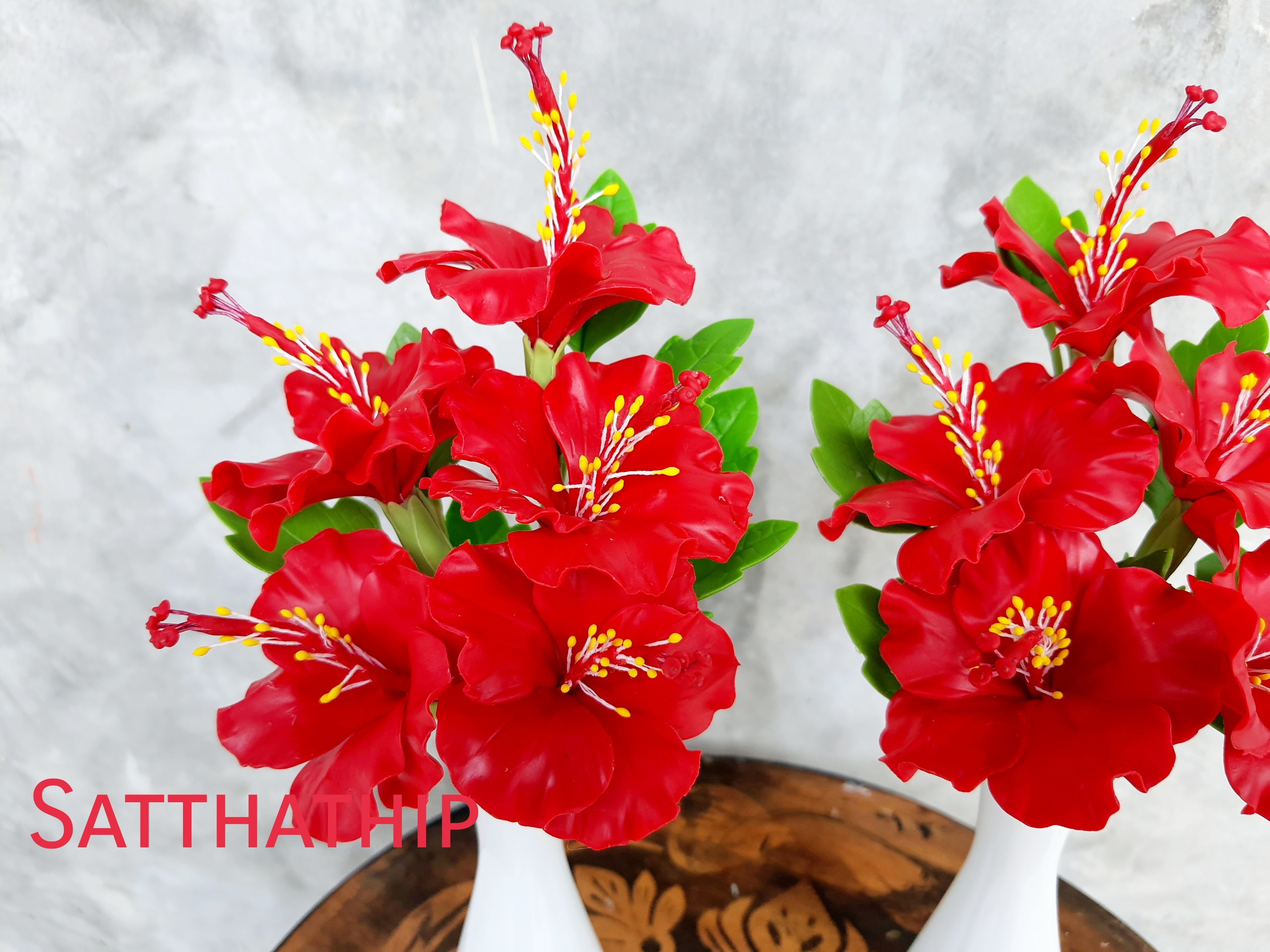 แจกันดอกชบา - ดอกชบาประดิษฐ์ - แจกันดอกชบา ประดิษฐ์จากดิน - แจกันดอกชบาประดิษฐ์